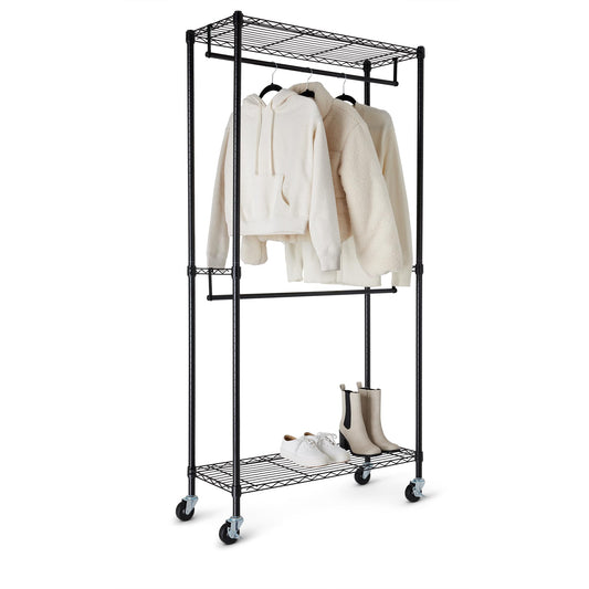 Amazon Basics Adjustable Double Rod Rolling Garment Rack, Hanging Clothes Closet Organizer with Wheels, Heavy Duty, 36" x 14" x 72", Black