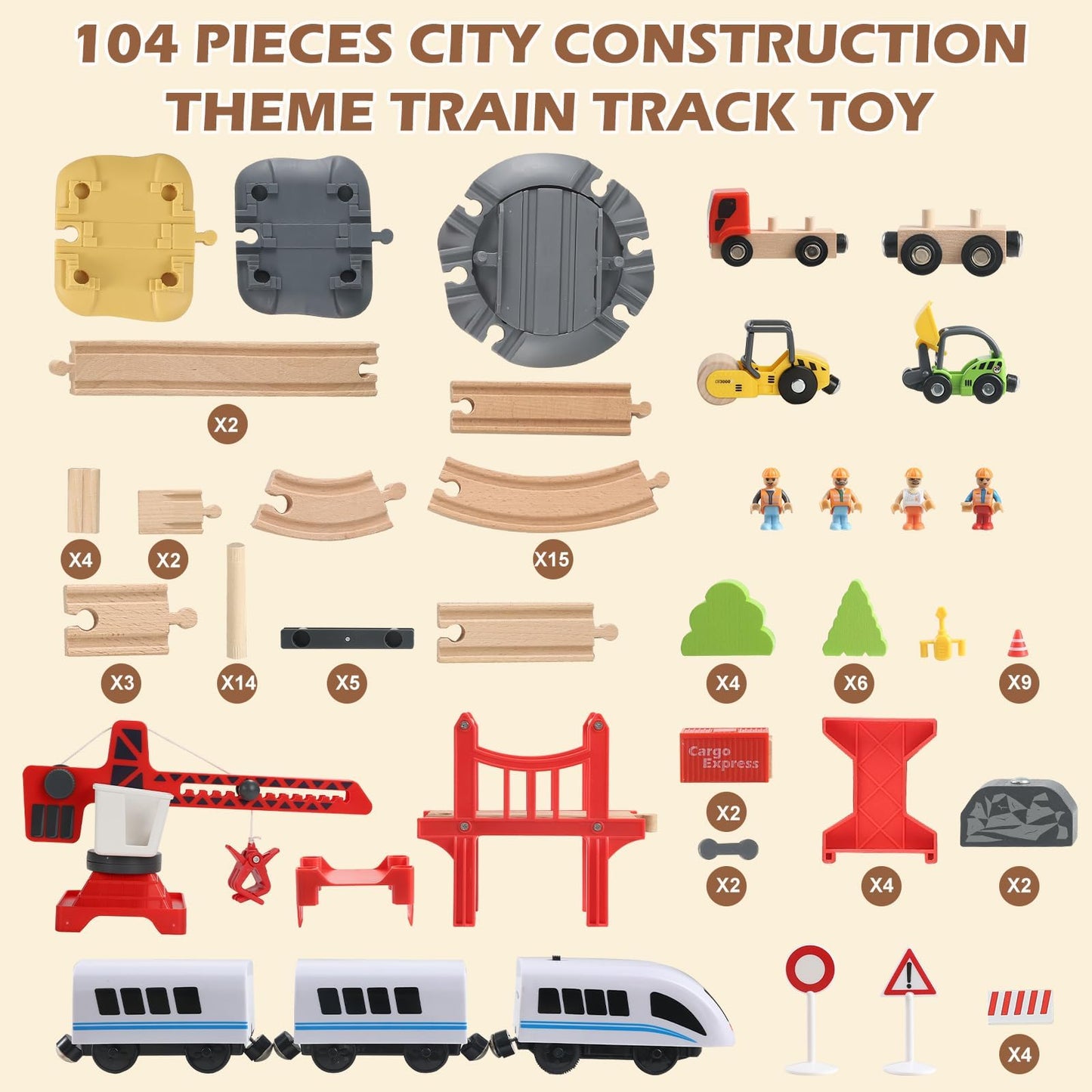 JugueteLand 104 Pcs Wooden Train Set for Toddlers, Magnetic Trains with Track for Kids Ages 3-6, Compatiable with Major Brands, Construction Railway Playset Gifts for Boys and Girls Ages 3+