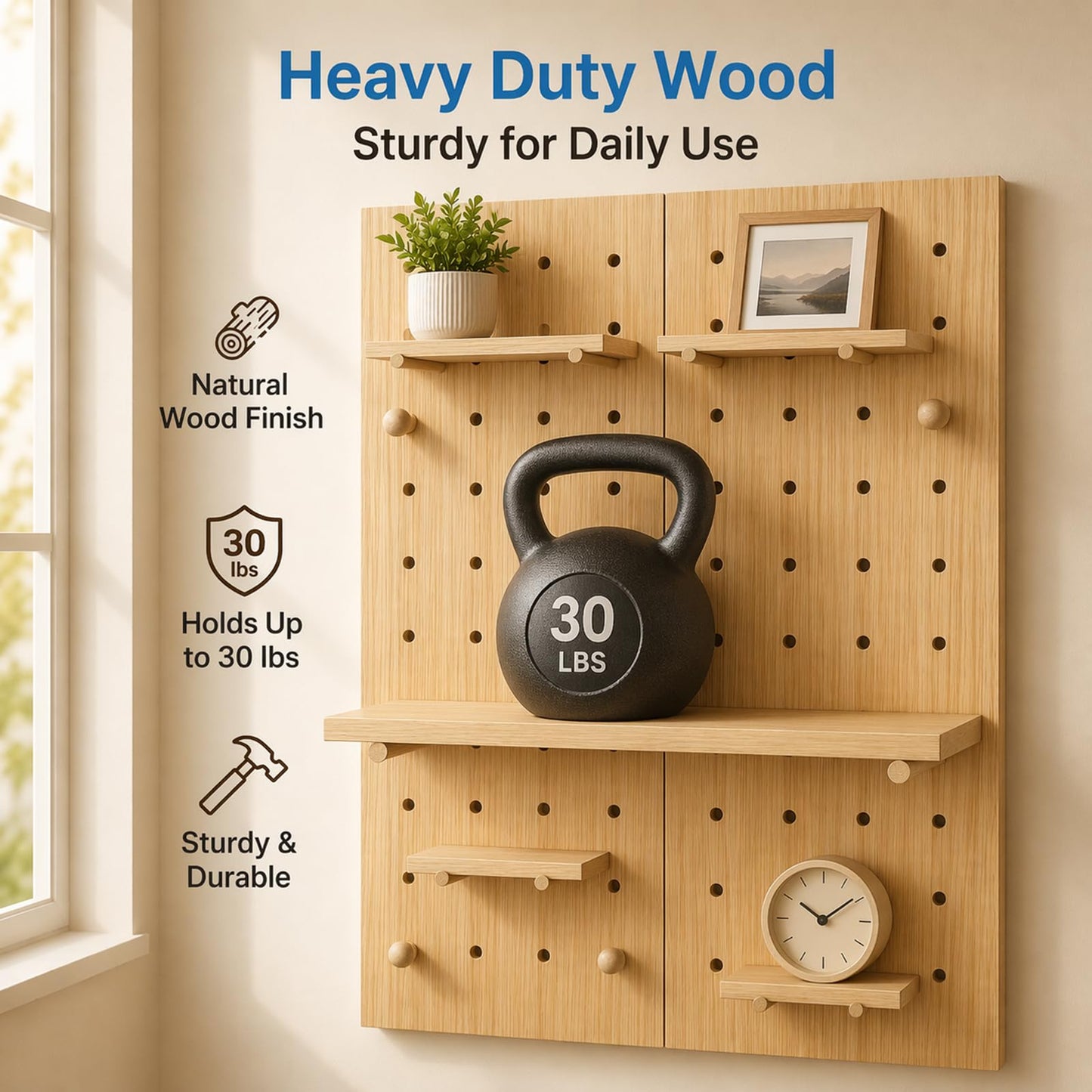 Lumiterra Large Wood Pegboard Wall Organizer - Heavy Duty 2-Panel Wooden Peg Board Kit with Shelves, Modular Wall Storage Display for Craft Room, Office, Bedroom