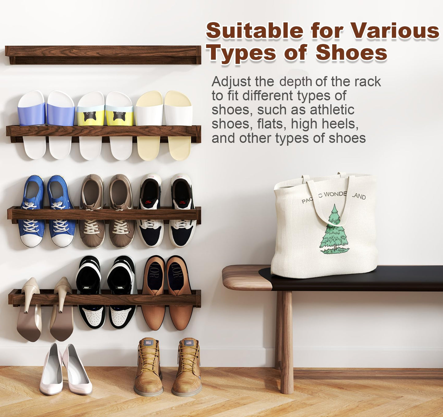 lesolar Wall Mounted Shoe Rack 30in, Hanging Shoe Organizer Rack 4 Pack, Solid Wood Shoe Storage Rack Rustic Burnt, Wooden Shoe Shelf Rack, Hanging Shoe Organizer Holder for Closet Door RV Entryway