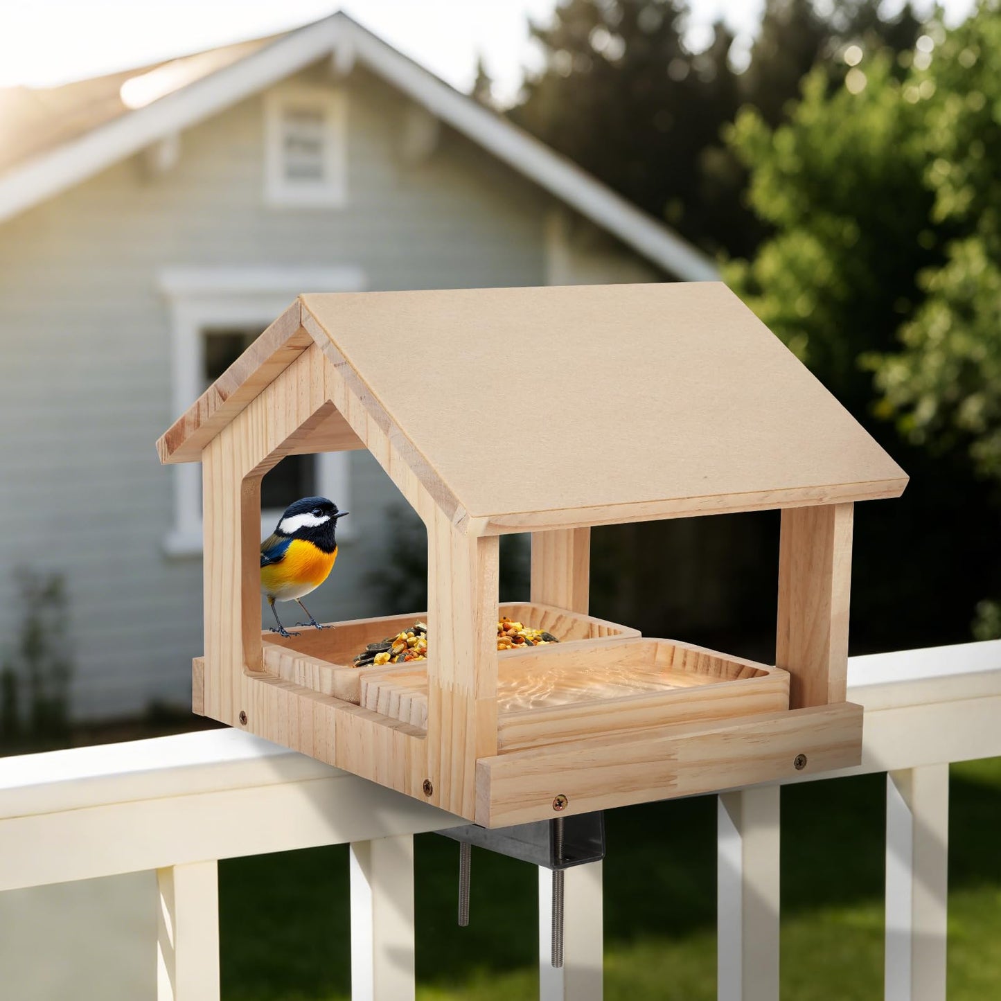 Wooden Bird Feeder with 2 Trays Metal Bracket Railing Mount Balcony Birdfeeder Large Capacity Weatherproof Platform Wild Bird Feeding House for Cardinals Finches Garden Yard Decoration