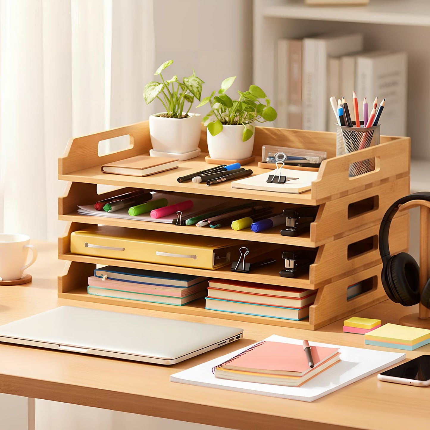 AceOrbit 4 Pcs Stackable Paper Tray Bamboo Wood Desk Organizer Letter Tray 4 Tier Wooden File Organizer Desk Shelf for Documents, Letter Sorter, Envelopes and Magazine Holder