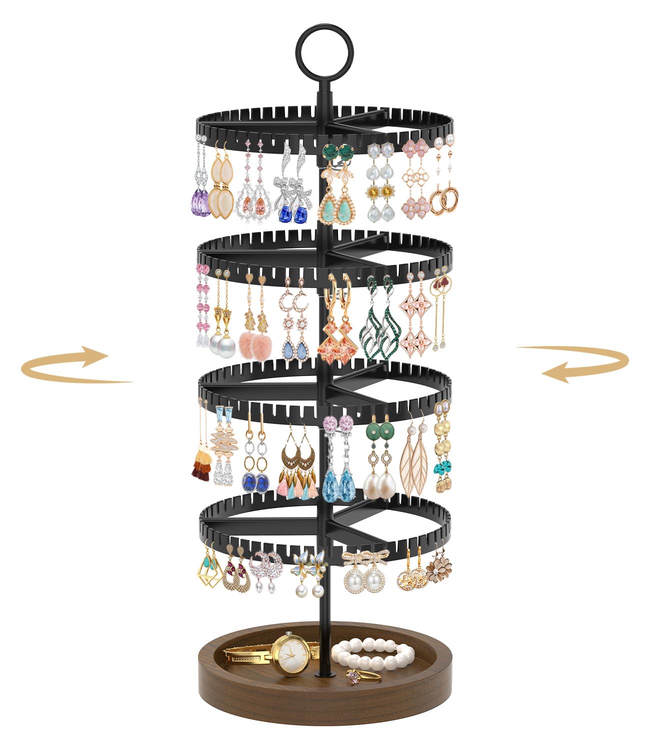 MODOWEY 4 Tier Rotating Earring Holder Organizer Display Tree with Wooden Tray, Adjustable Plastic Stand with 228 Slots for Stud Hoop Hanger, Large Capacity Storage Rack for Women Space Saving, Black