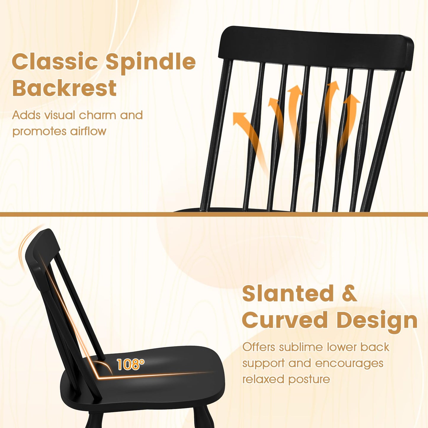 Giantex Black Windsor Dining Chairs Set of 2, Farmhouse Rubber Wood Kitchen Chairs with Turned Legs, Curved Spindle Back & Contoured Sat, Wooden Dining Room Chair for Living Room Restaurant