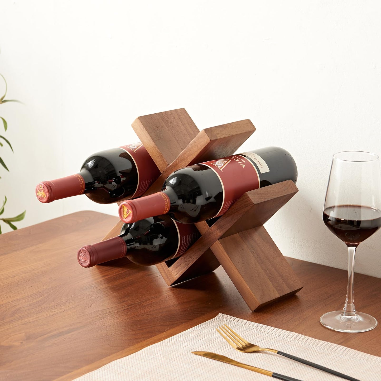 Rsuwiz Solid Oak Wine Rack Countertop, 4 Bottle Tabletop Wine Holder - No Assembly Free Standing Wood Display for Kitchen, Bar, Office, Living Room | Walnut