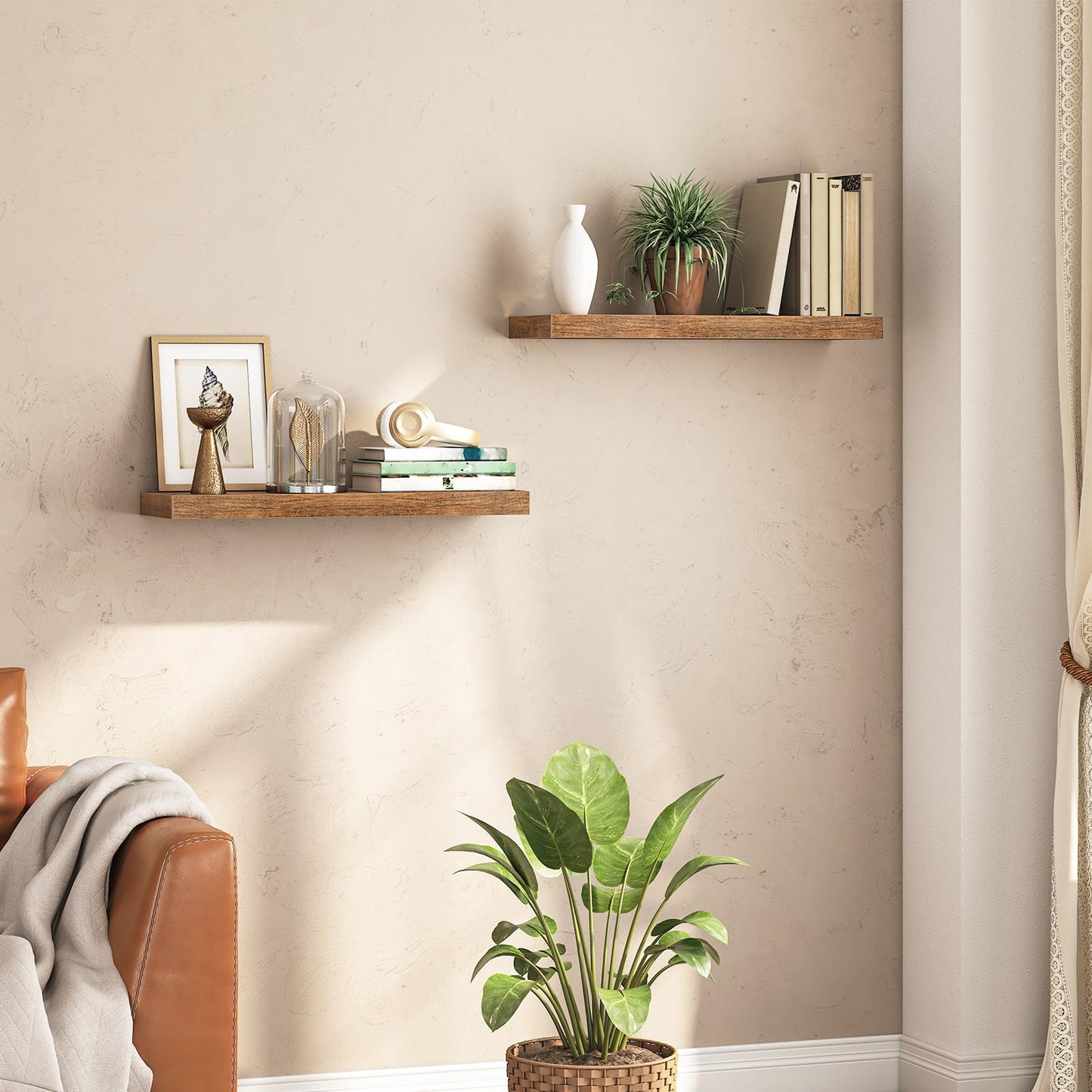 HOOBRO Floating Shelves for Wall, Wall Mounted Shelf Set of 2, 23.6" Hanging Shelf with Invisible Brackets, for Wall Decor Storage in Bathroom Bedroom Kitchen Living Room Office, Rustic Brown BF60BJ01