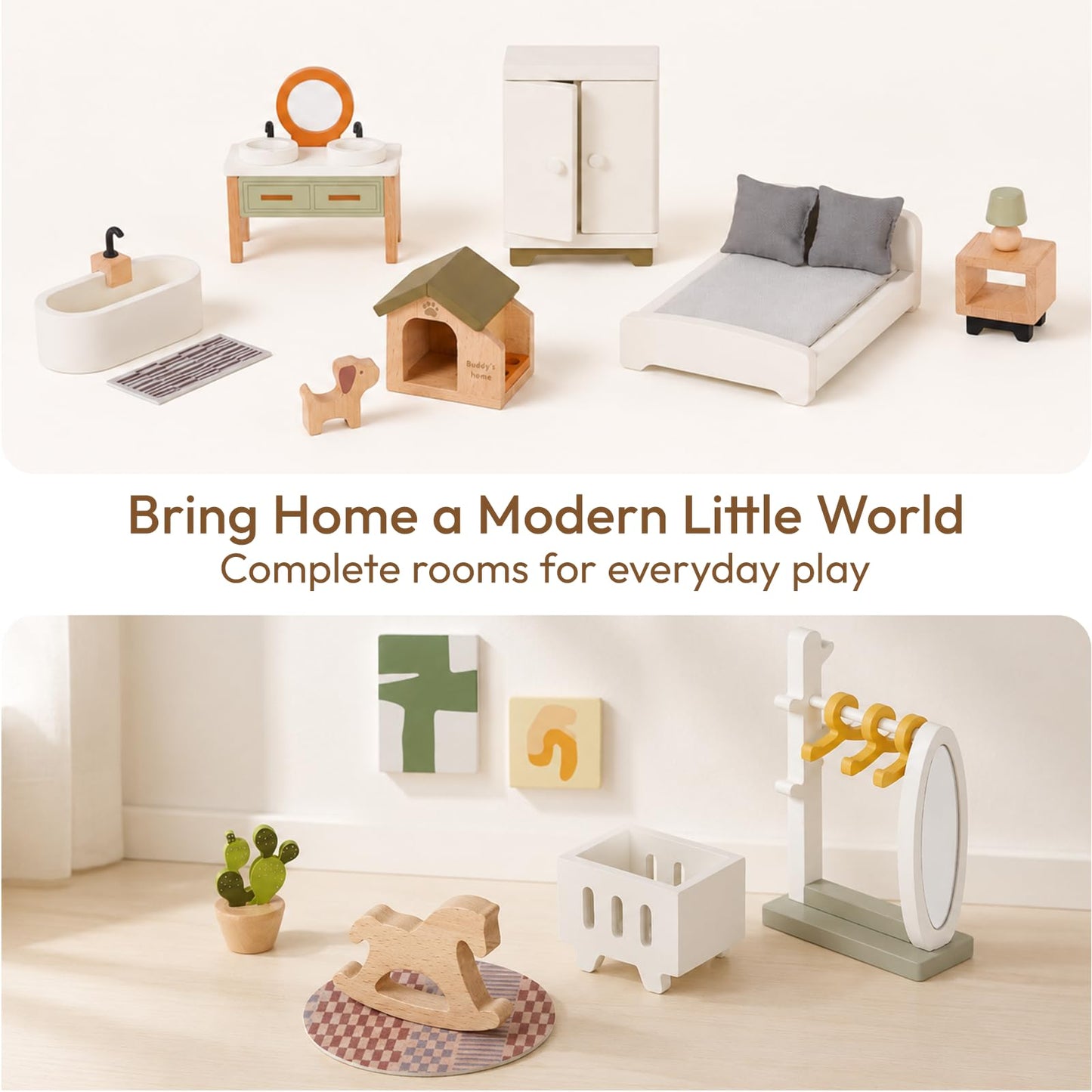 Giant bean 33 PCS Wooden Dollhouse Furniture Set, Modern Doll House Accessories with Bedroom, Kitchen, Bathroom, Nursery & Living Room, Montessori Pretend Play Toys for Kids Girls Boys Age 3+