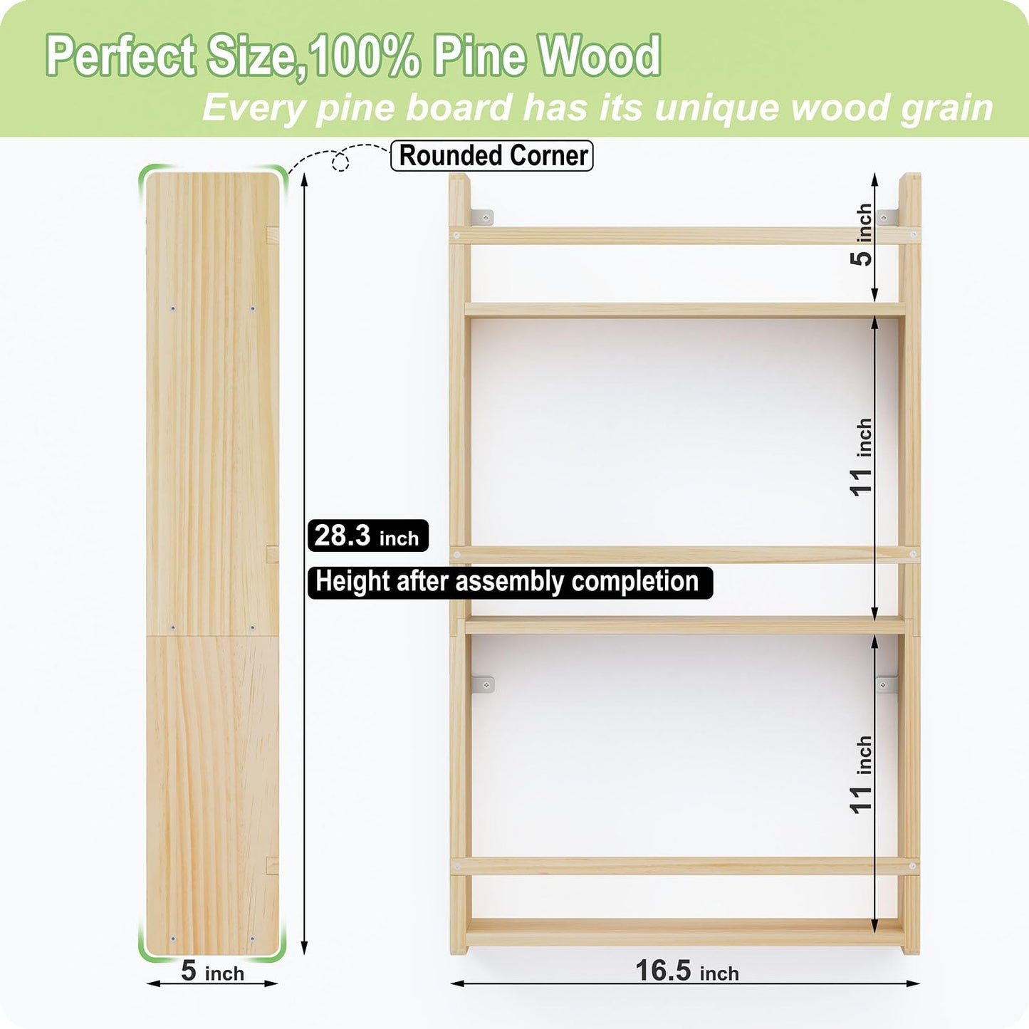 Bidami Wall Bookshelf for Kids, 3 Tier Kids Bookshelf Wall, 16.5 inch Floating Book Shelves for Nursery, Great for Bedroom, Living Room, Play Room and Nursery.
