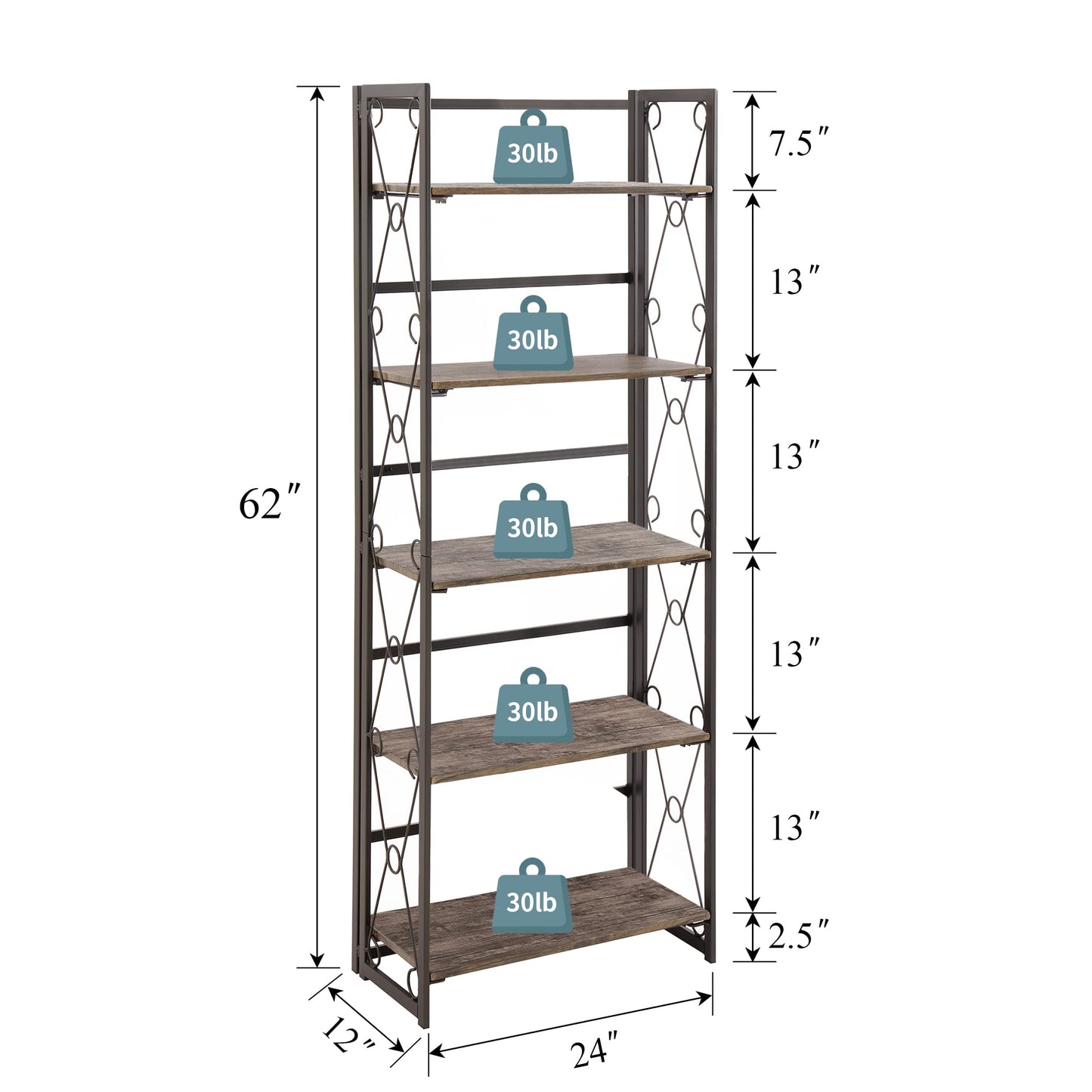VECELO Folding Bookshelf, 5-Tier Bookcase Foldable, Industrial Tall Book Shelf Storage Organizer with Collapsible Metal Frame for Living Room/Home Office,Rustic Brown,1 Set
