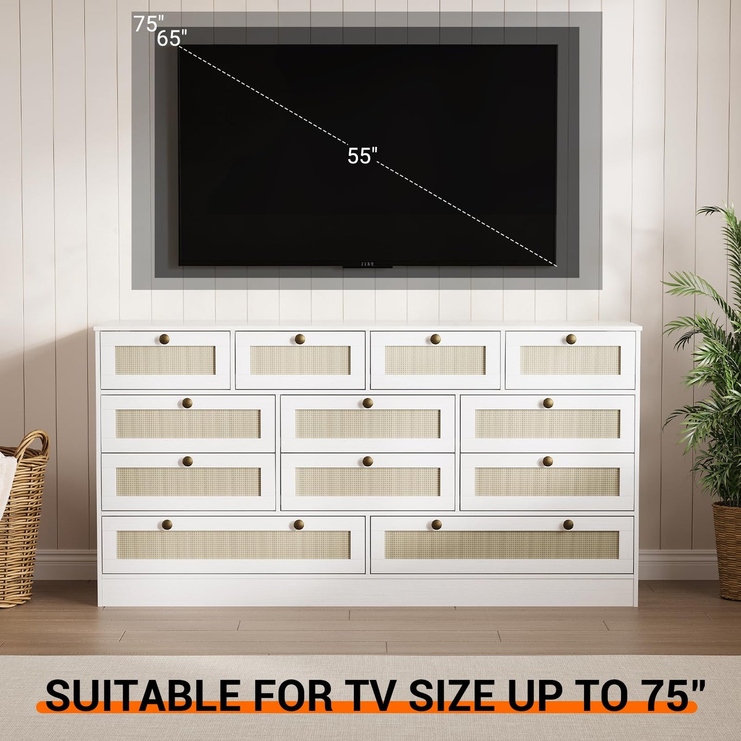 GarveeHome 12 Drawer Wooden Dresser for Bedroom, Rattan Chest of Drawers for Closet, Living Room, Hallway, 61 Inch Wood Wide TV Stand Dressers for 65 Inch TV, Modern Dresser for Adult Room