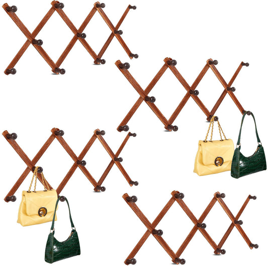 Taiyin 4 Pcs Expandable Hat Rack Coat Rack Wooden Accordion Wall Hanger Wall Mount Hat Holder for Coffee Mug Cup Jackets Purses Necklaces Towels Leash Belt Umbrella (11 Hooks,Wood Color)