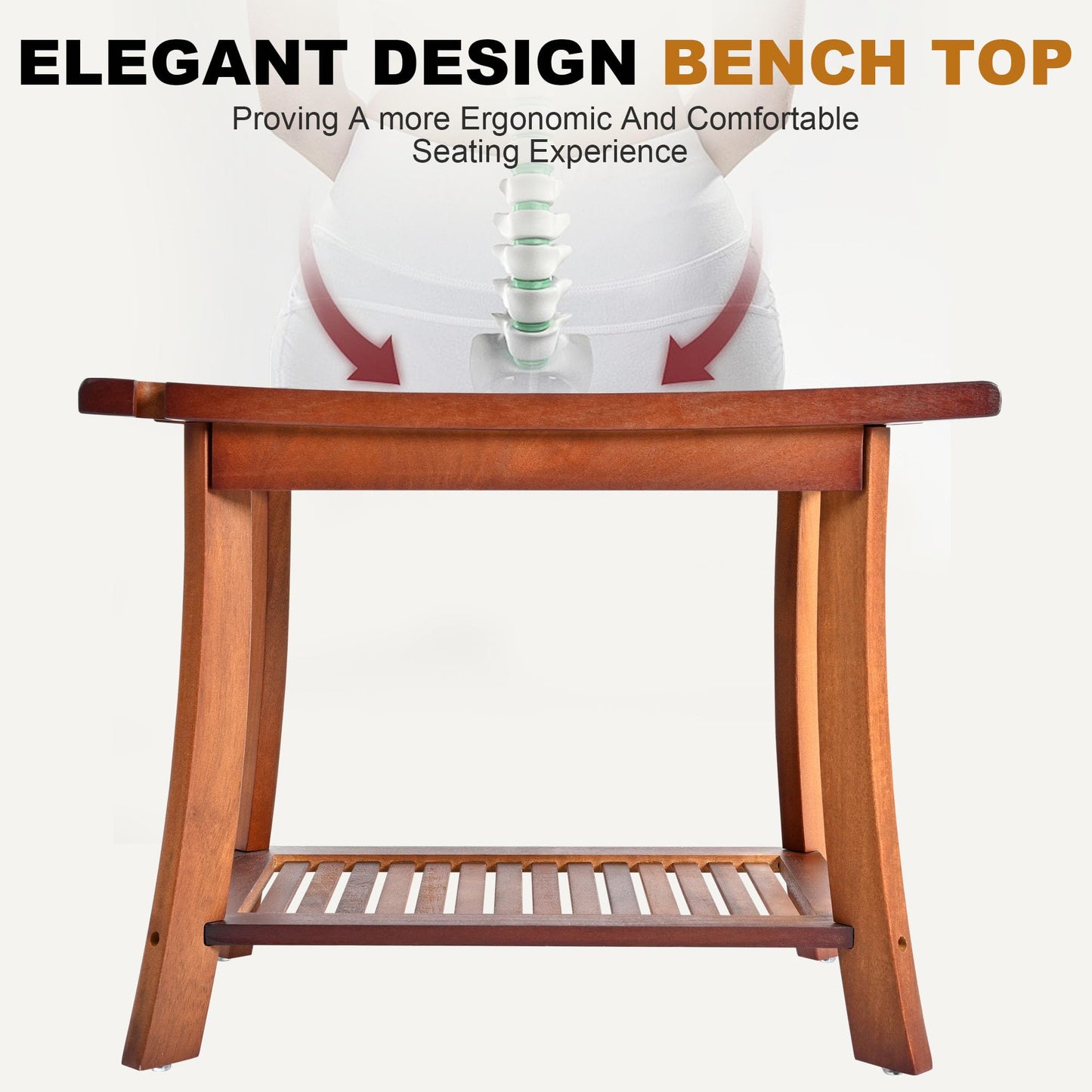 Jekruiet Teak Shower Chair Stool, 24" Shower Bench Seat, Wooden Bathroom Bench with Storage Shelf for Indoor & Outdoor Use