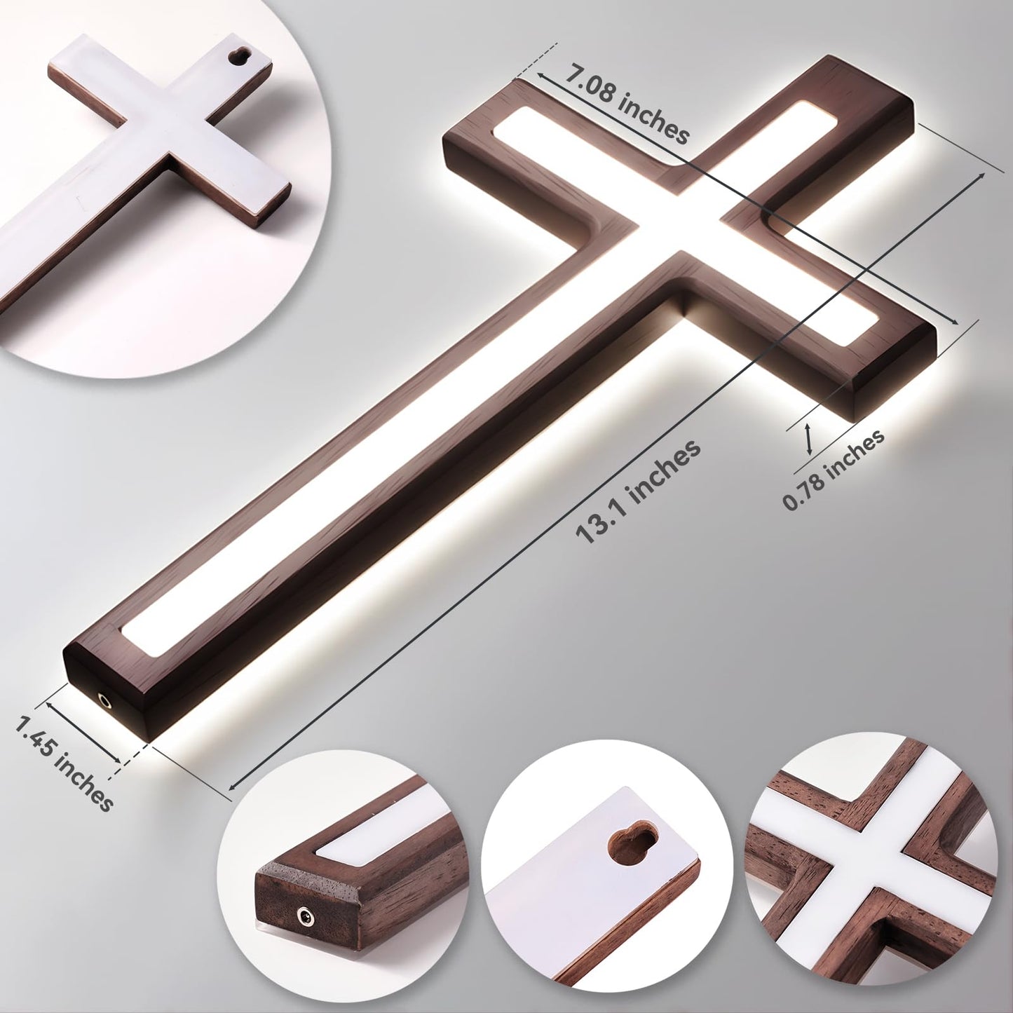 MoSavris Crucifix Wall Cross, Handmade Wood Cross with LED Light, Wall Decor for Faith and Blessing, Christian Gifts, 13 Inch