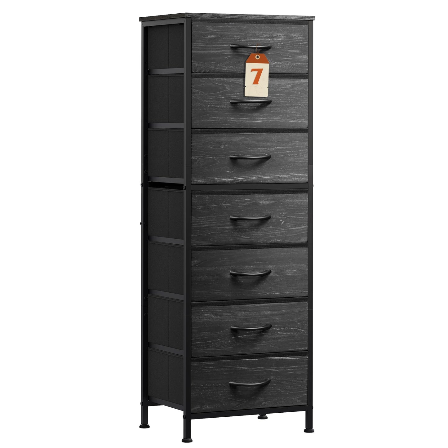 WLIVE Tall Dresser for Bedroom, 7 Drawer Dressers & Chests of Drawers, Fabric Dresser for Closet, Night Stand with Metal Frame, Storage Tower with Fabric Bins, Woodtop, Charcoal Black Wood Grain Print
