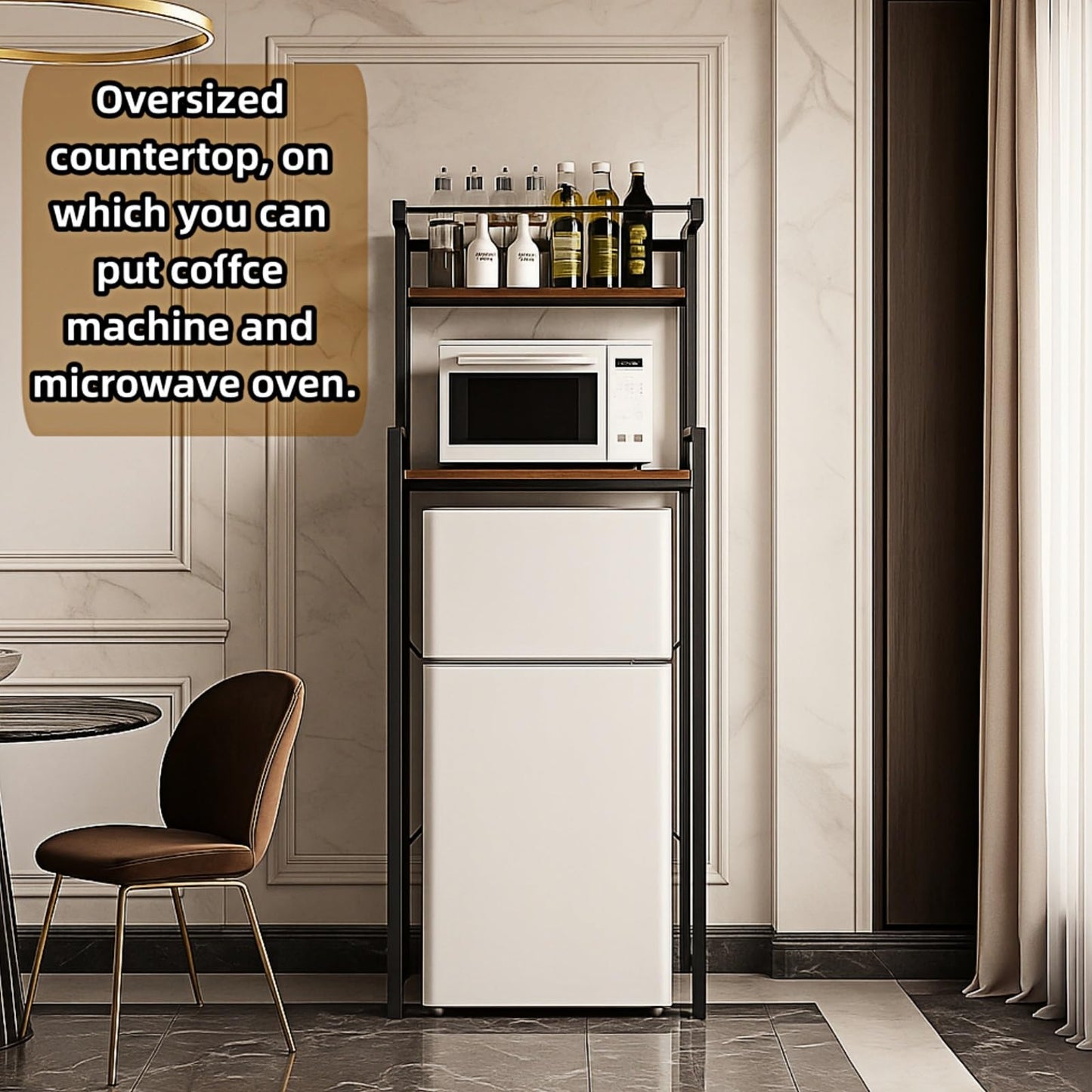 Dorm Mini Fridge Microwave Oven Shelf, with a Free Fridge Hanging Bag, Kitchen Small Fridge Top Space Storage Rack, Wooden and Metal Adjustable Size(23.6" Lx 19.7" W x 58.7" H)