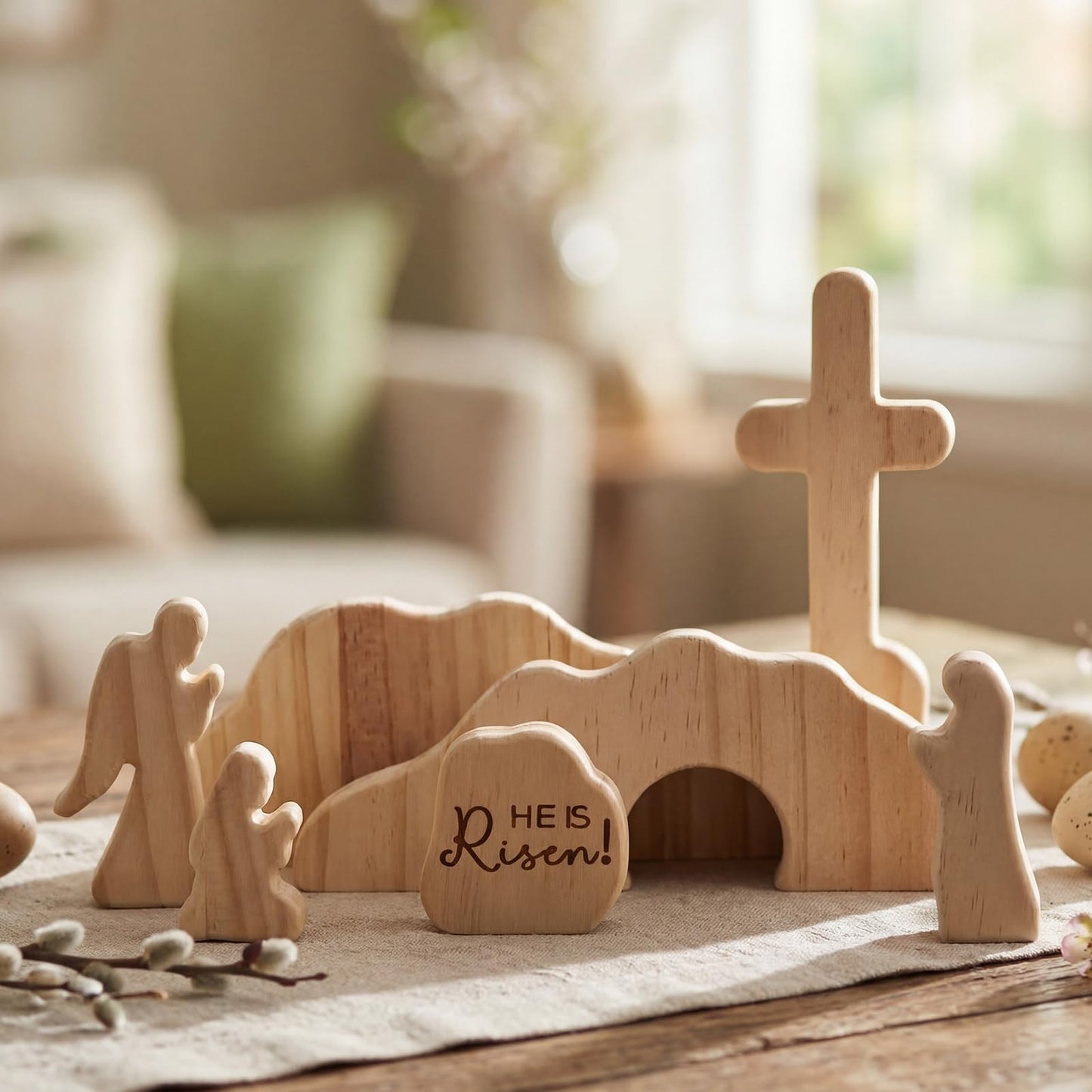 GRECOMEIN He is Risen Wooden Easter Resurrection Scene, Handcrafted Solid Wood Empty Tomb Set with Rolling Stone and Cross, Christian Religious Decor, Catholic Gifts