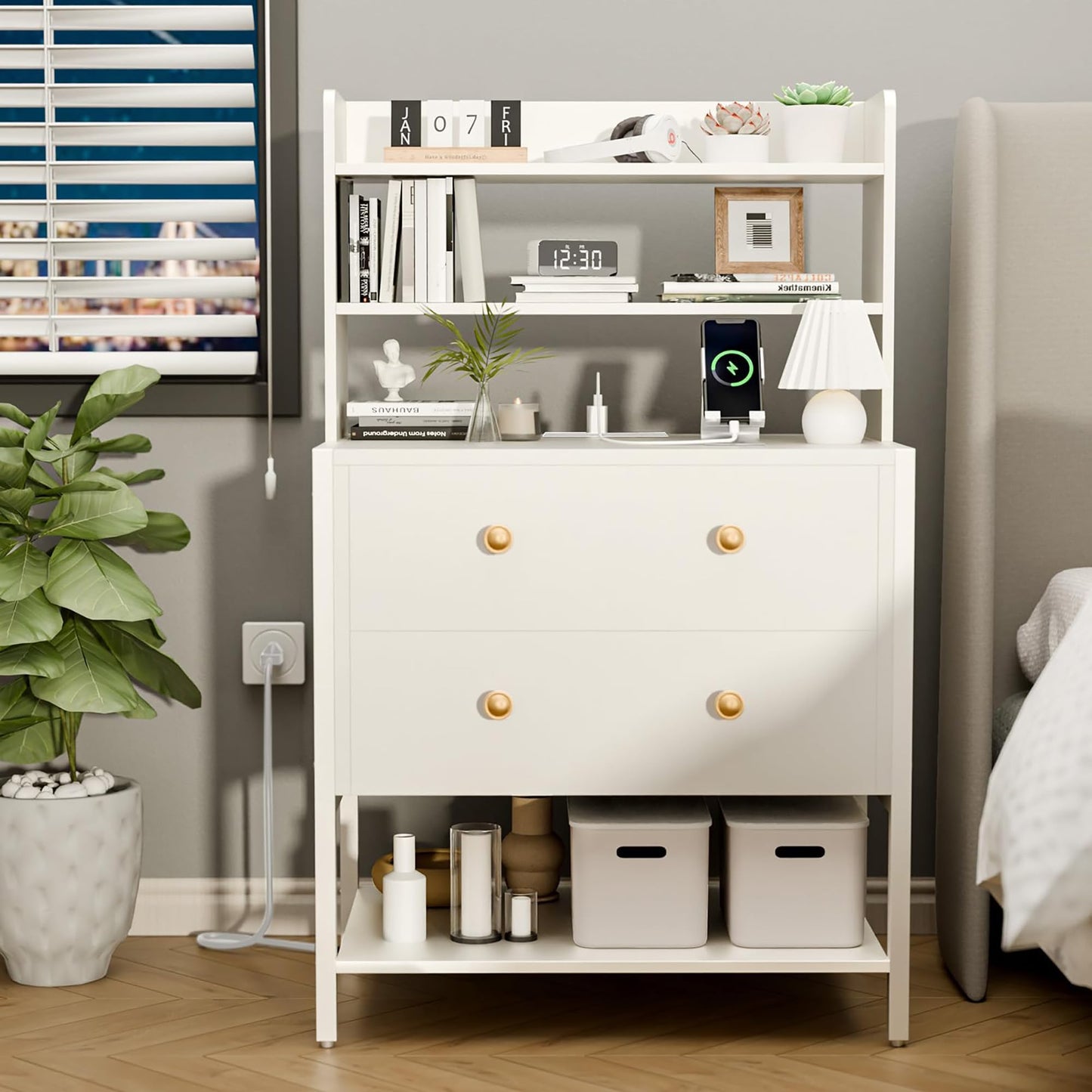 PATAVOT 24 Inch White Nightstand with 2 Drawers & Charging Station