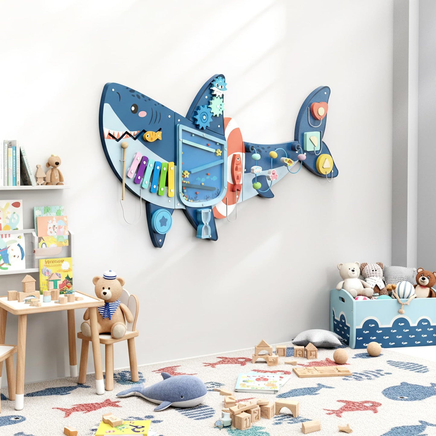 Easyego Wall Busy Board Panels, Montessori Sensory Activity Center - Wooden Educational Toys for Toddlers, Promotes Holistic Development, Holiday/Birthday Gift for Boys & Girls - Shark