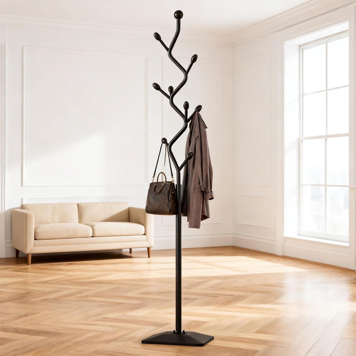 ZEYEXE Tree-shaped coat rack,Coat Tree Freestanding with 8 Hooks and Sturdy Metal Base for Coat Hats Purses,Coat Stand for Entryway,Bedroom