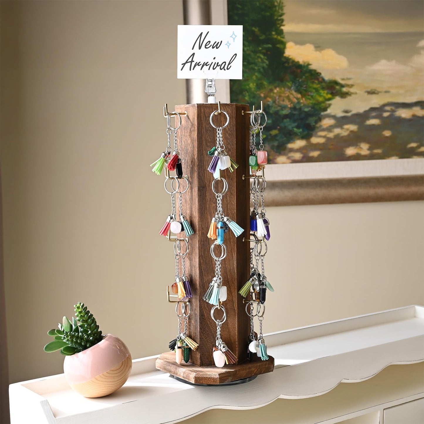 Ikee Design Free Assemble 24 Hooks Wood Hexagon 6 Sided Rotating Jewelry Display Stand Tower for Earrings,Bracelets, Keychain Earring Display Stand for Selling, Showcase, Brown Color