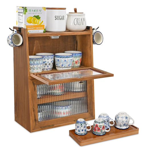 Ikee Design Rustic Wooden 2-Tier Countertop Storage Cabinet with Wavy Doors, Cupboard Organizer with Removable Bamboo Tea Tray, for Kitchen Pantry, Cups, Brown Color, 12.1W x 6.3D x 15.7H in