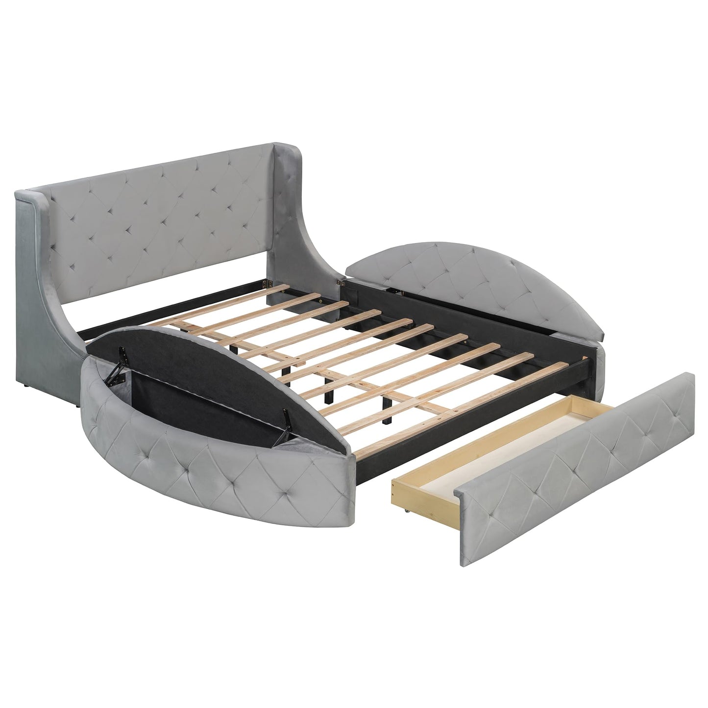 Merax Queen Size Velvet Upholstered Platform Bed with Wingback Headboard, 1 Big Drawer and 2 Side Storage Stool for Bedroom, Guest Room, Wooden Slats, No Box Spring