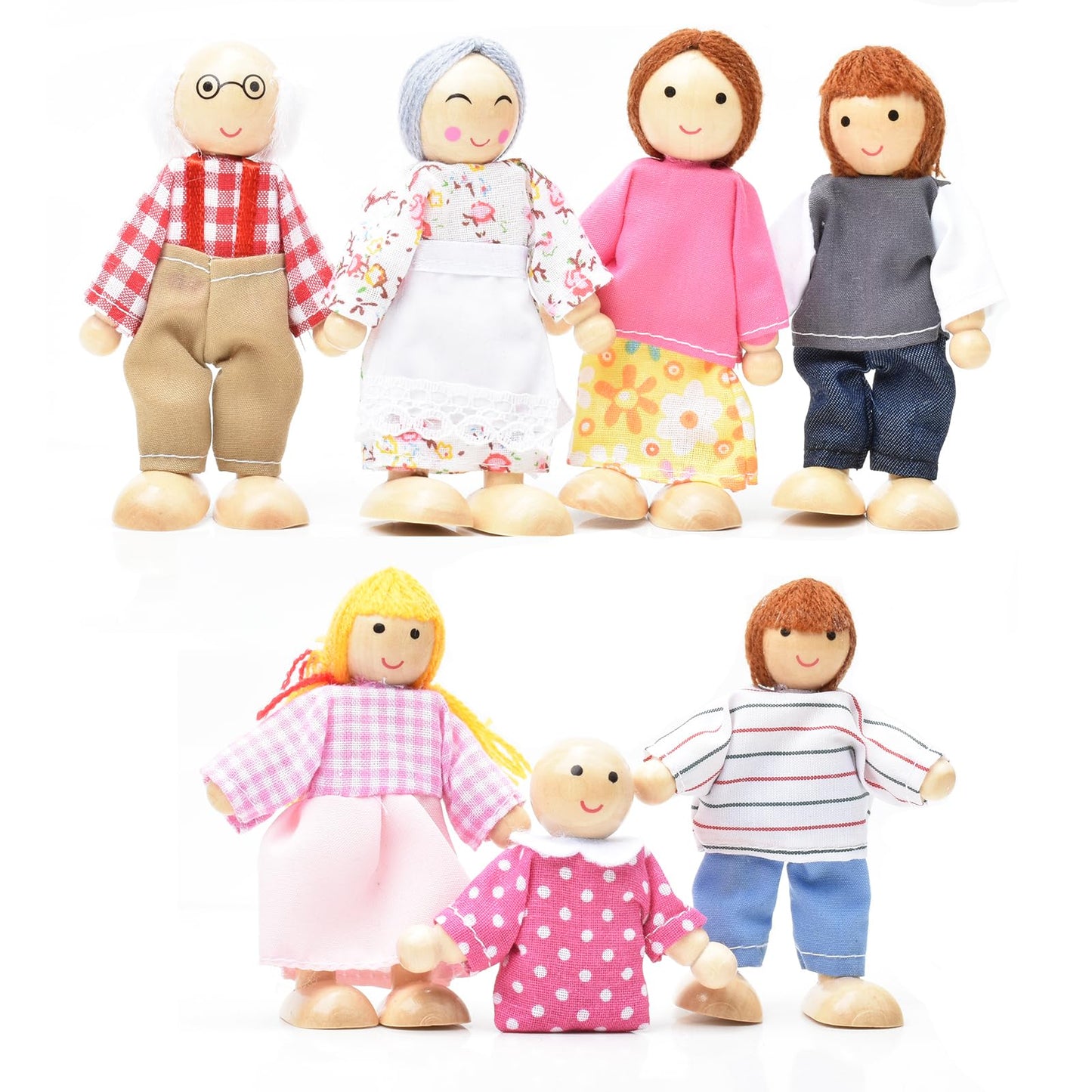 Handlive 7-Piece Wooden Dolls for Dollhouse Family Set, Mini People Figures for Doll House People Role Play