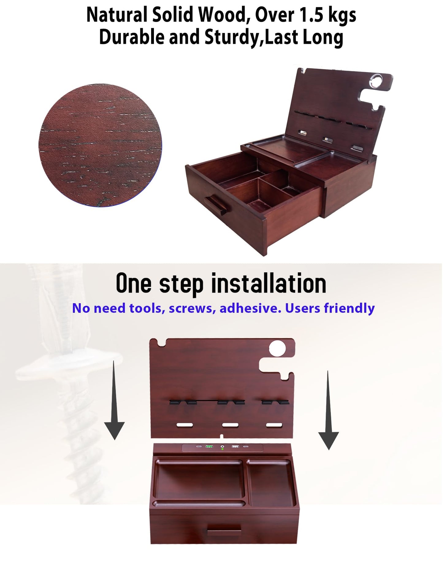Nightstand Organizer with Drawer Built in 4 USB Charger, Wood Phone Docking Station with Dual Phone Charging Station for Apple Android Phones Anniversary Birthday Gifts for Men Dad Hunsband Mom