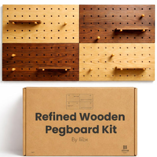 IliBx Wooden Pegboard Wall Organizer Kit – Modern Density Wood Peg Board with Shelves & Hooks – 2 Tone Natural & Brown Wood-Look Wall Organizer for Office Setup or Home Decor Storage Rack