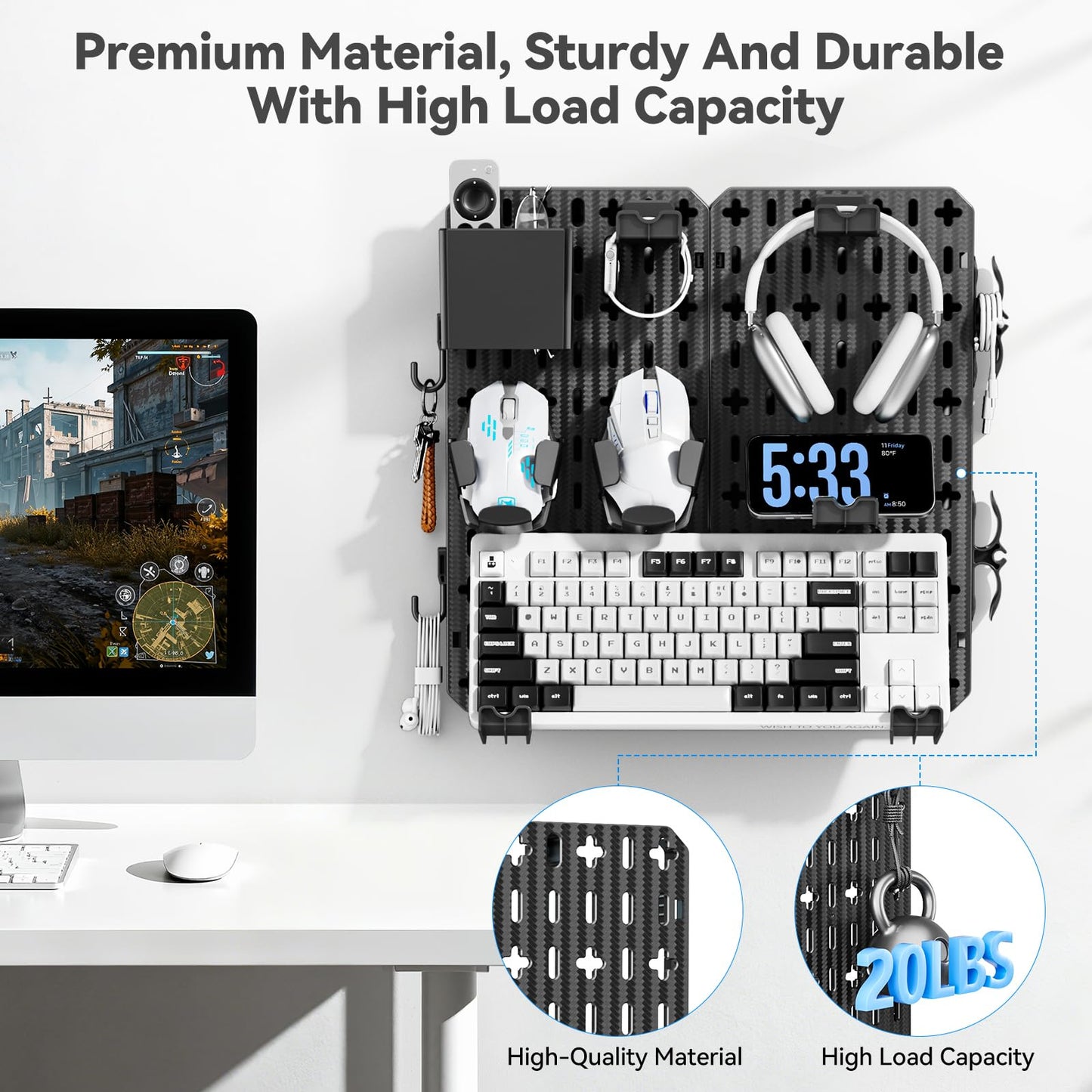 KDD Keyboard and Mouse Display Stand Holder, Wall Mount Office Organization Pegboard Combination Kit with Pen holder, Hooks, Headset & Controller Stand for Office & Home Hanging Organizer Storage