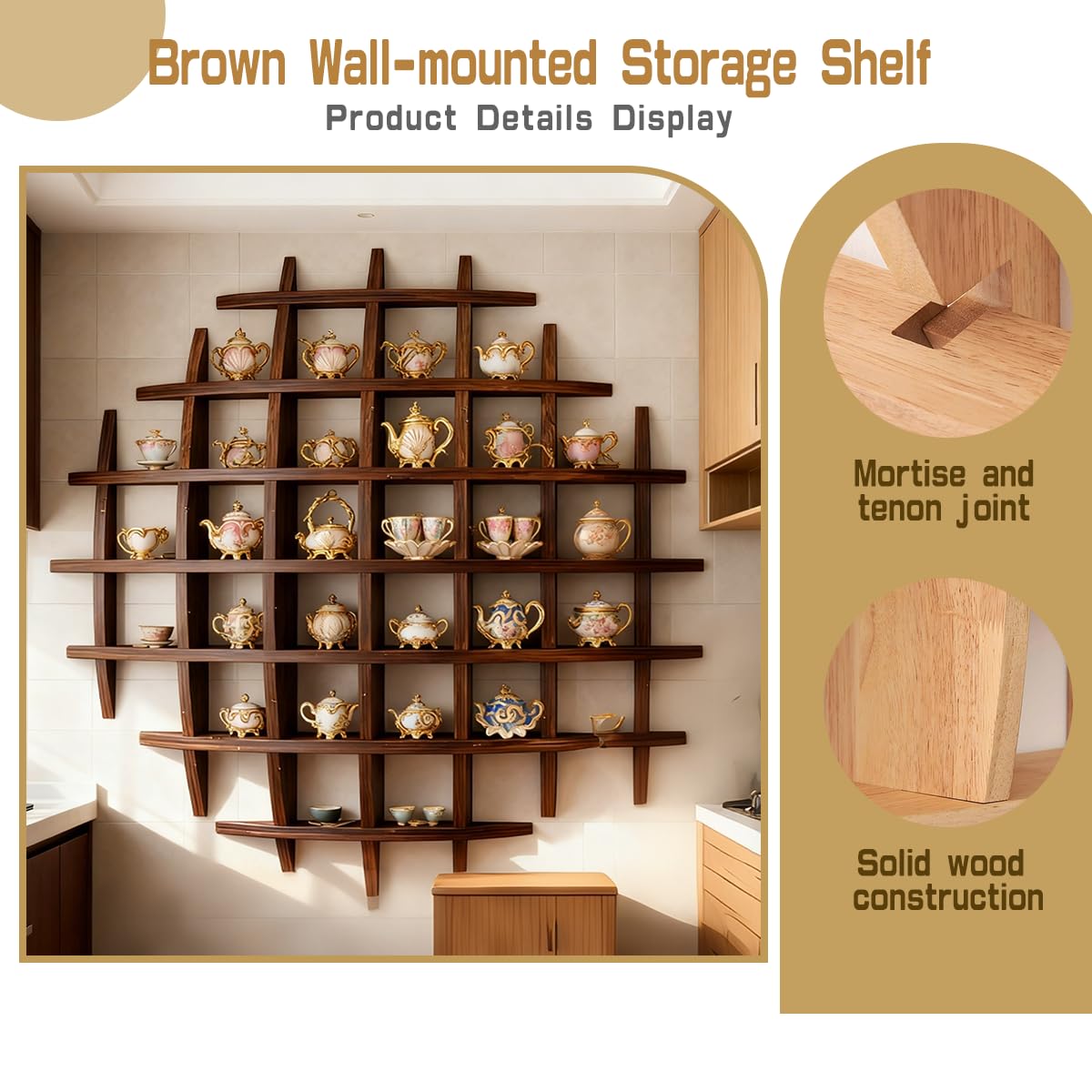 Zansens Sphere Solid Wooden Tea Cup Holder,Oversized Hanging Coffee Mug Display Rack Multi Slot Wall Decor Display Cabinet Mug Shelf for Wall for Kitchen Office Living Room(47.2×47.2'' Dark Brown)