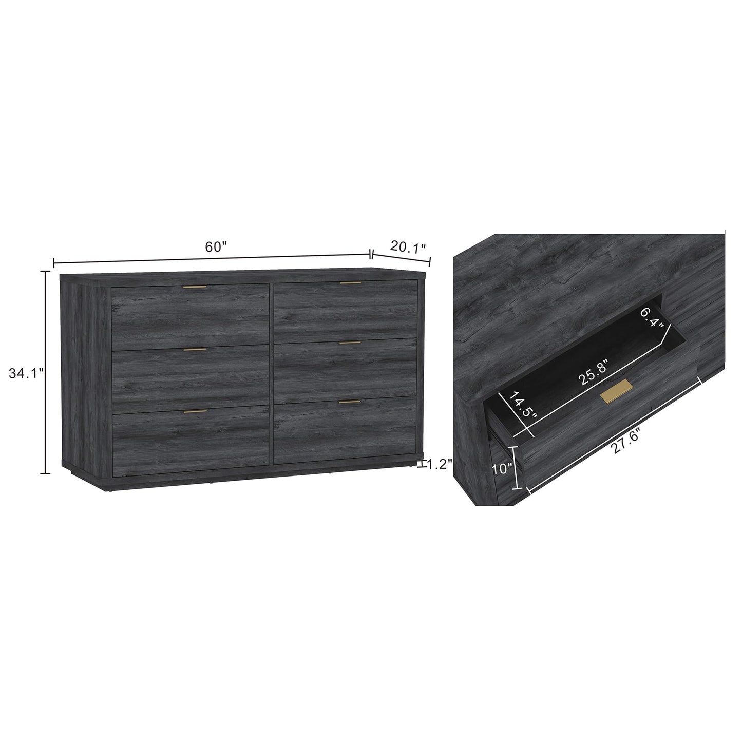 Manhattan Comfort Evelyn 60" Wide Modern Wood Dresser with 6 Drawers, Premium Storage Drawers with Rounded Edges and Brushed Gold Handles, Versatile Home Furniture, Charcoal Gray