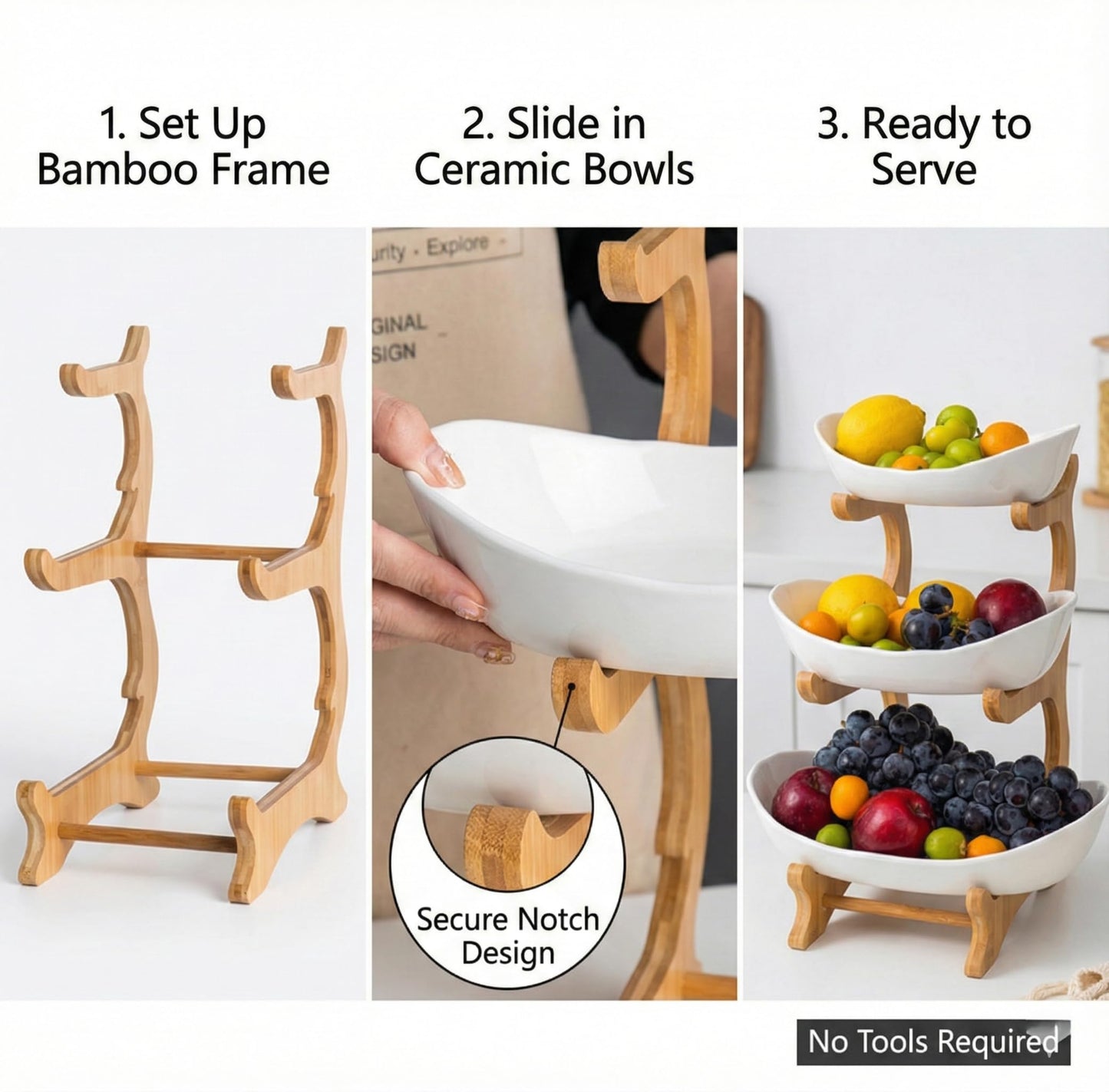 TOSCARA Bamboo Fruit Stand - 3 Tier Ceramic Fruit Bowls with Wooden Stand – Fruit Holder for Kitchen, Dining Table & Living Room – Decorative Countertop Organizer for Fruits, Vegetables & Snacks