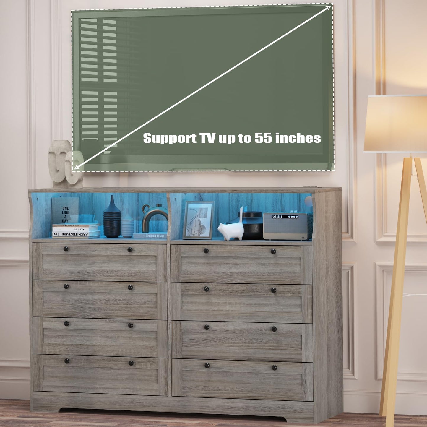 GAOMON 8 Drawer Wooden Dressers for Bedroom with Power Outlet and LED Lights, Grey Wood Chest of Drawers with Deep Drawer, Modern Wide TV Stand Dresser for 55" TV for Bedroom, Living Room, Hallway