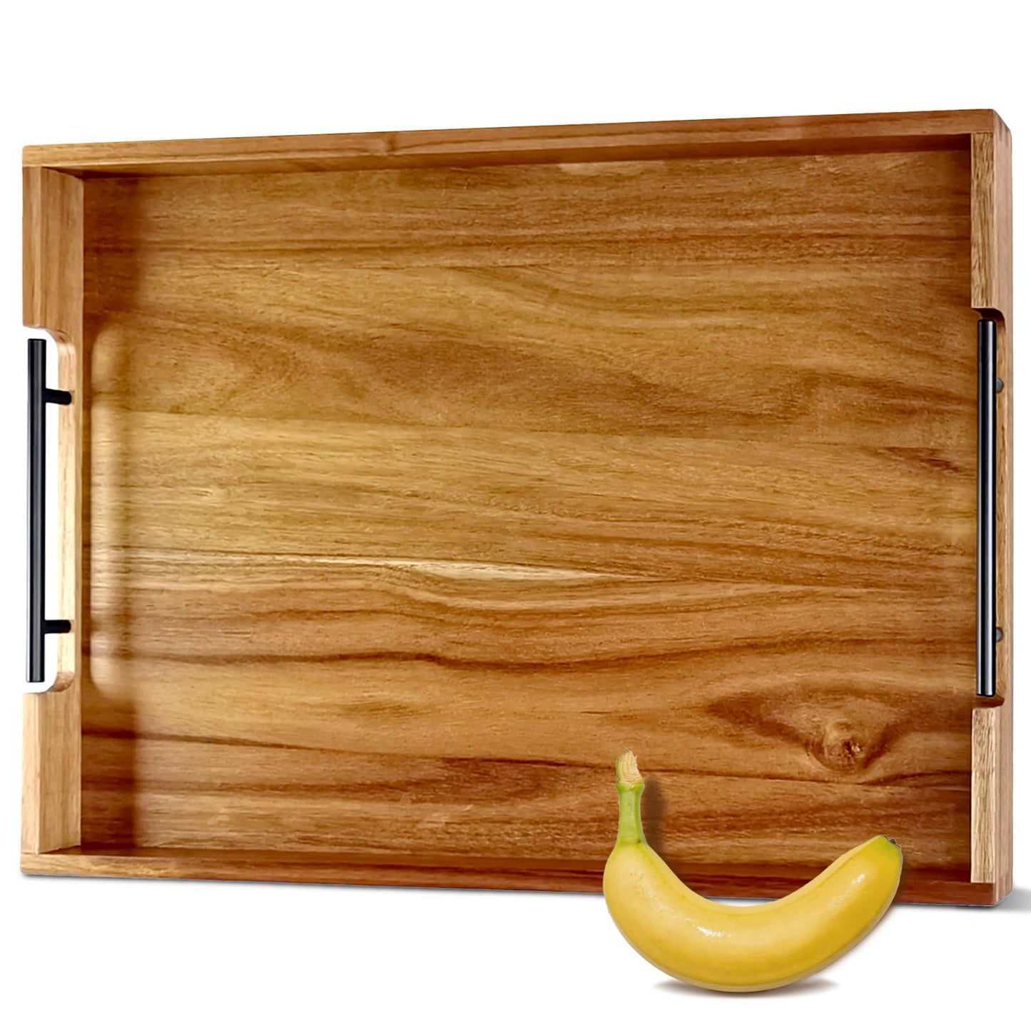 OurMiao 22" x 15.75" Acacia Wood Serving Tray with Black Metal Handles, Large Rectangular Wooden Ottoman Tray for Living Room, Coffee Table, Kitchen & Entertaining