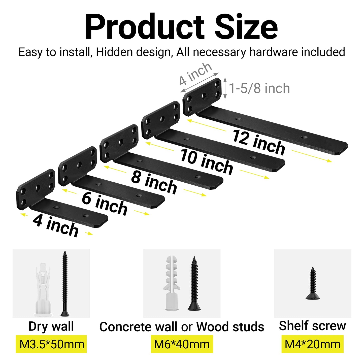 SKYSEN 12 Pack 6" Floating Shelf Bracket, Shelves Brackets, Wood Shelving Brackets Hardware - Heavy Duty - 4/6/8/10/12 inch - Real Hidden Bracket Design（tzj6-12）