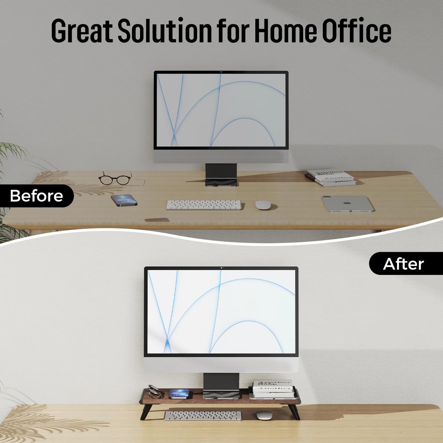 loukin Monitor Stand Riser for Desk, 22.4" x 8.3" Larger Computer Stand for Laptop, PC, Printer, Sturdy Desktop Computer Shelf with Non-Skid Rubber, Home Office (Brown)