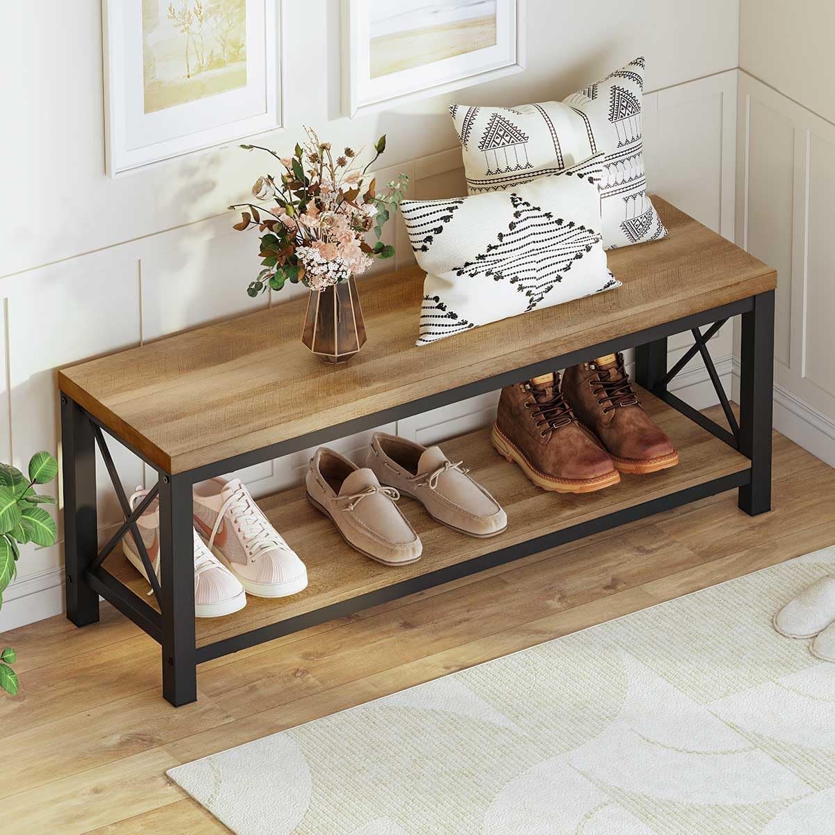 BON AUGURE Entryway Bench and Console Table Bundle – Farmhouse Wooden Metal Shoe Bench & Industrial Entryway Table for Foyer, Mudroom, Living Room, Hall (Vintage Oak)