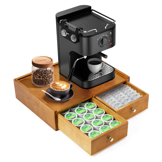 Inlisy 15.8"L X 11.8"W X 4"H Wooden K cup Storage, Keurig Stand With Storage, Coffee Pod Holder Organizer, Desktop Kitchen Storage with 2 Drawers, 30/40/60 Pod Capacity, Natural