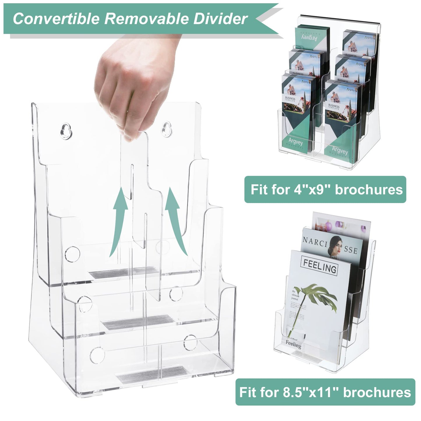 Argvey Acrylic Brochure Holder 8.5 x 11 inches, 3 Tier Clear Literature Holder with Removable Divider for Trifold 4 Inches Wide Pamphlet, Plastic Flyer Display Stand for Magazine, Document, Booklet