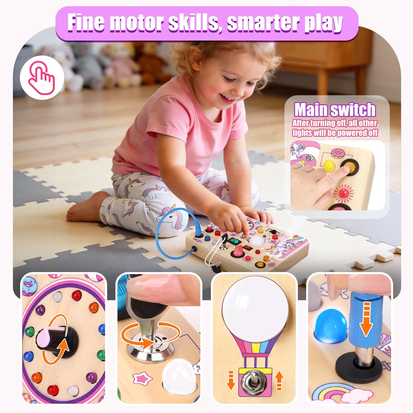 Konijiwa Busy Board - Montessori Toys for 1-3 Years Old Boys & Girls | Sensory Toys for Kids with Autism | Toddlers Learning Activity for Early Development (Unicorn Busy Board v2)