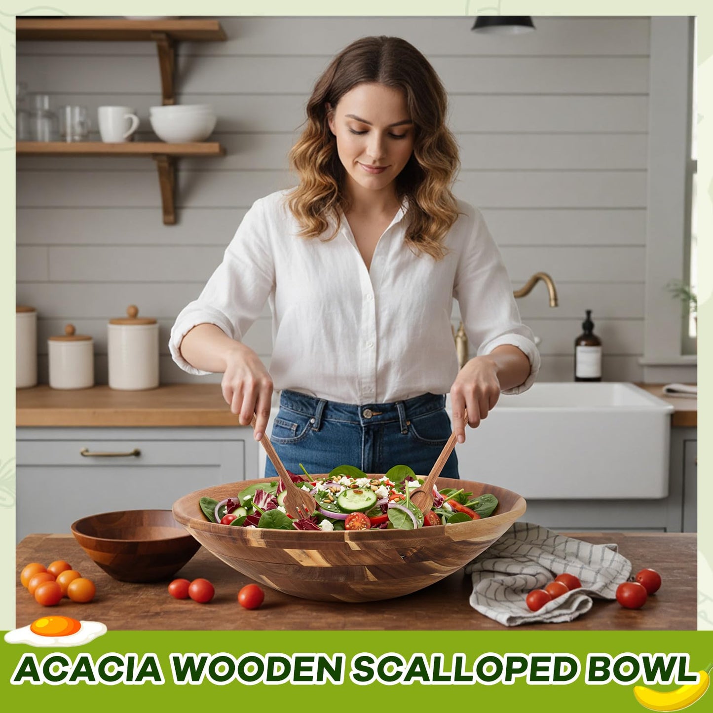 Geiserailie Extra Large 18 Inch Acacia Wood Salad Bowl Set Wooden Serving Bowl with Serving Utensils for Fruits, Pasta, Salad Farmhouse Kitchen for Housewarming Wedding Restaurants Table Display Gift