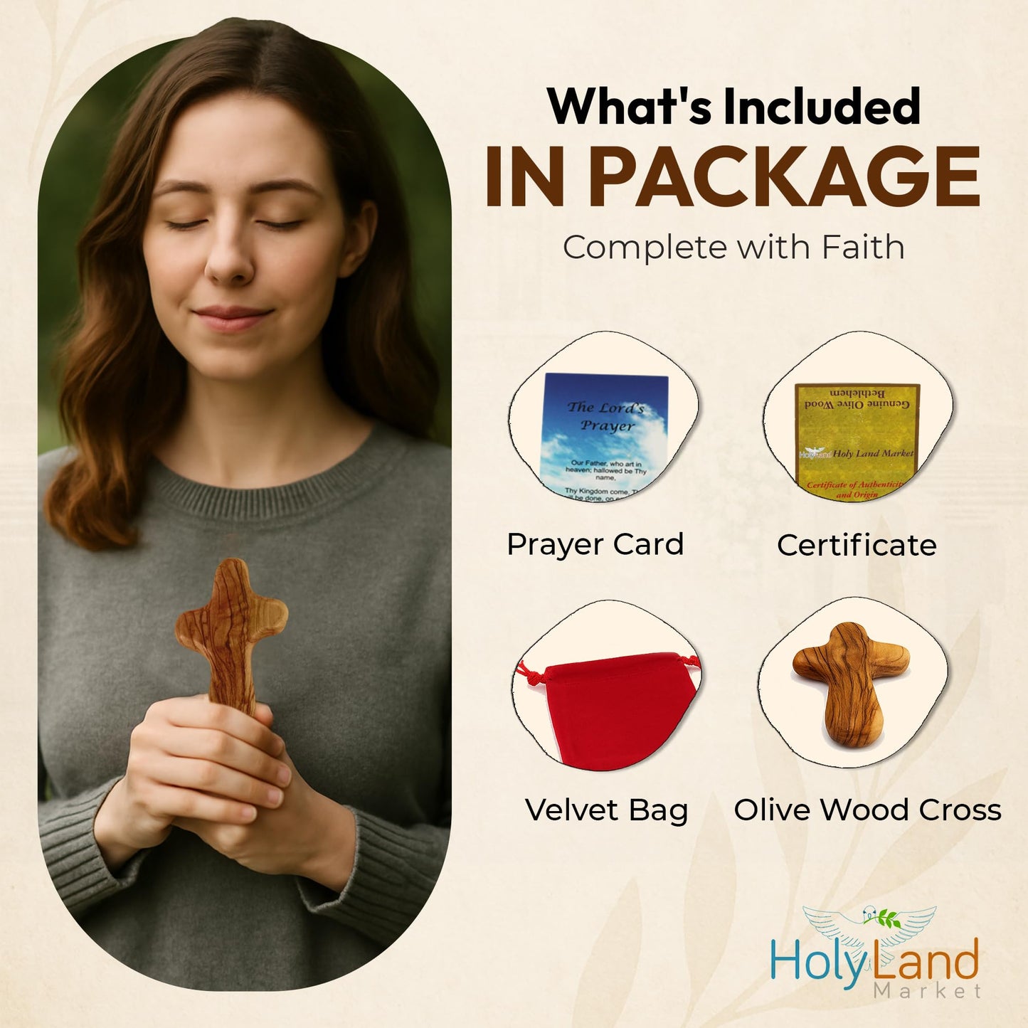 Holy Land Market 10 Olive Wood Comfort Crosses with Velvet Bags & Lord's Prayer Card - Palm Sized Hand Held Cross (4 in) - 10 Packs