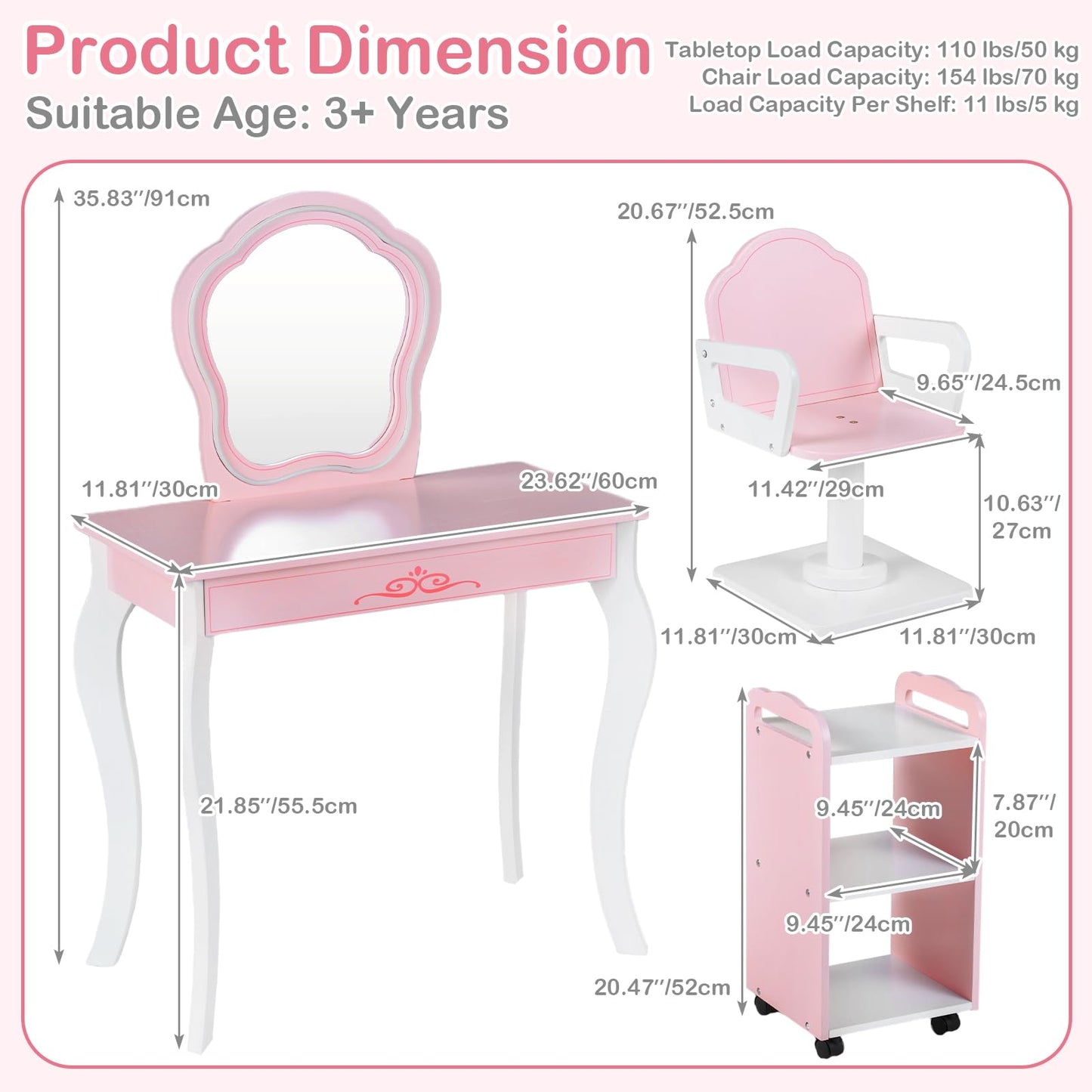 Olakids Kids Vanity with Lights and Barber Chair, Wooden Princess Makeup Dressing Desk with Mirror, Storage Shelf, Toy Accessories, Toddler Table and Chair Set Pretend Playset for Girls Aged 3+