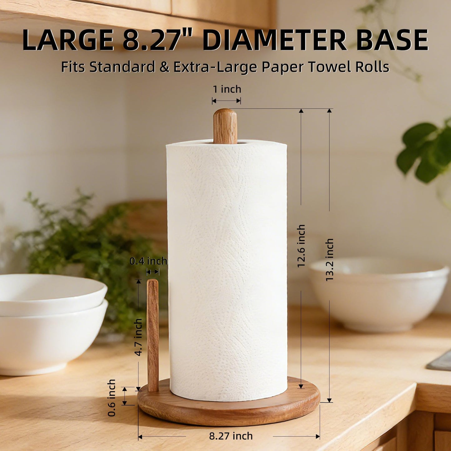 Jumbo Acacia Wood Paper Towel Holder – Large 8.27" Diameter Non-Slip Base, Countertop Wooden Paper Towel Holder for Kitchen, Dining, Coffee Bar, Thick & Stable, Easy Assembly, Natural Wood Finish