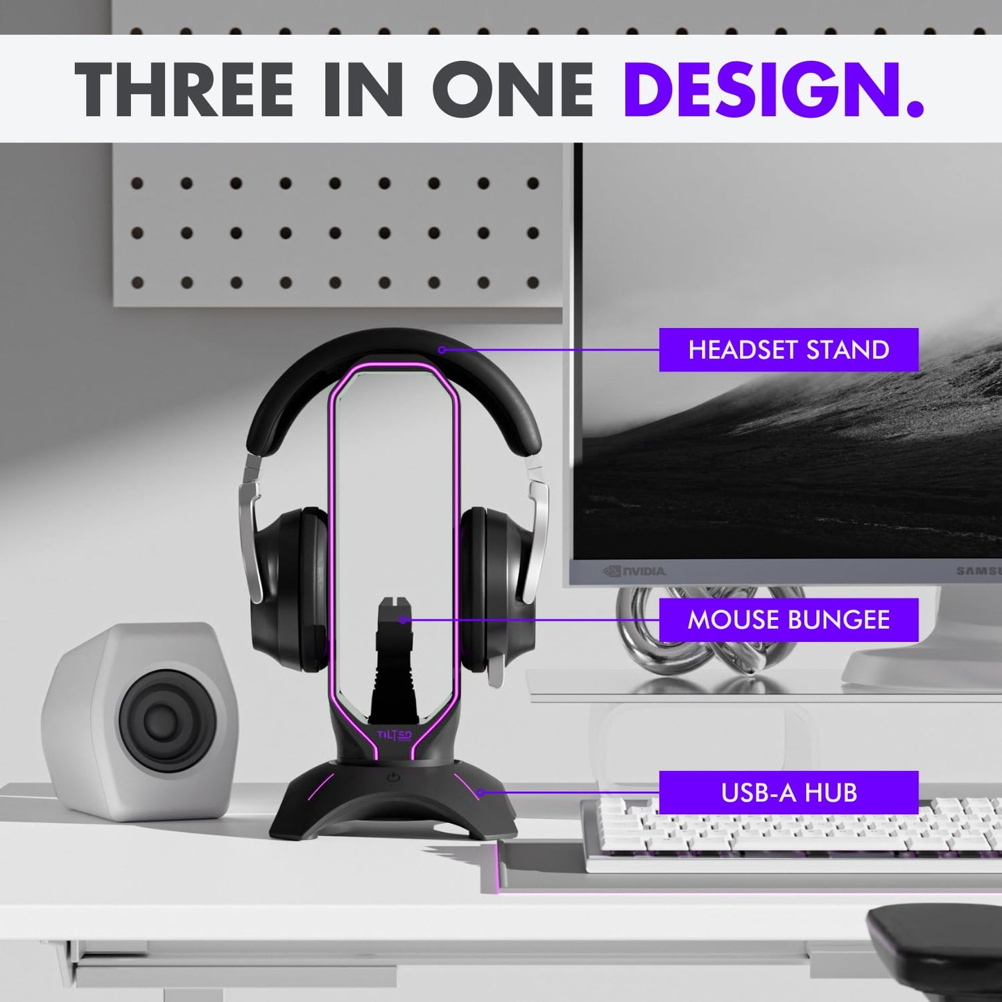 Tilted Nation Gaming Headset Stand | RGB Headphone Stand for Desk with Mouse Bungee and USB Hub (Cool and Clean Setup) Gaming Headset Holder - Perfect Gamer Gift Accessory