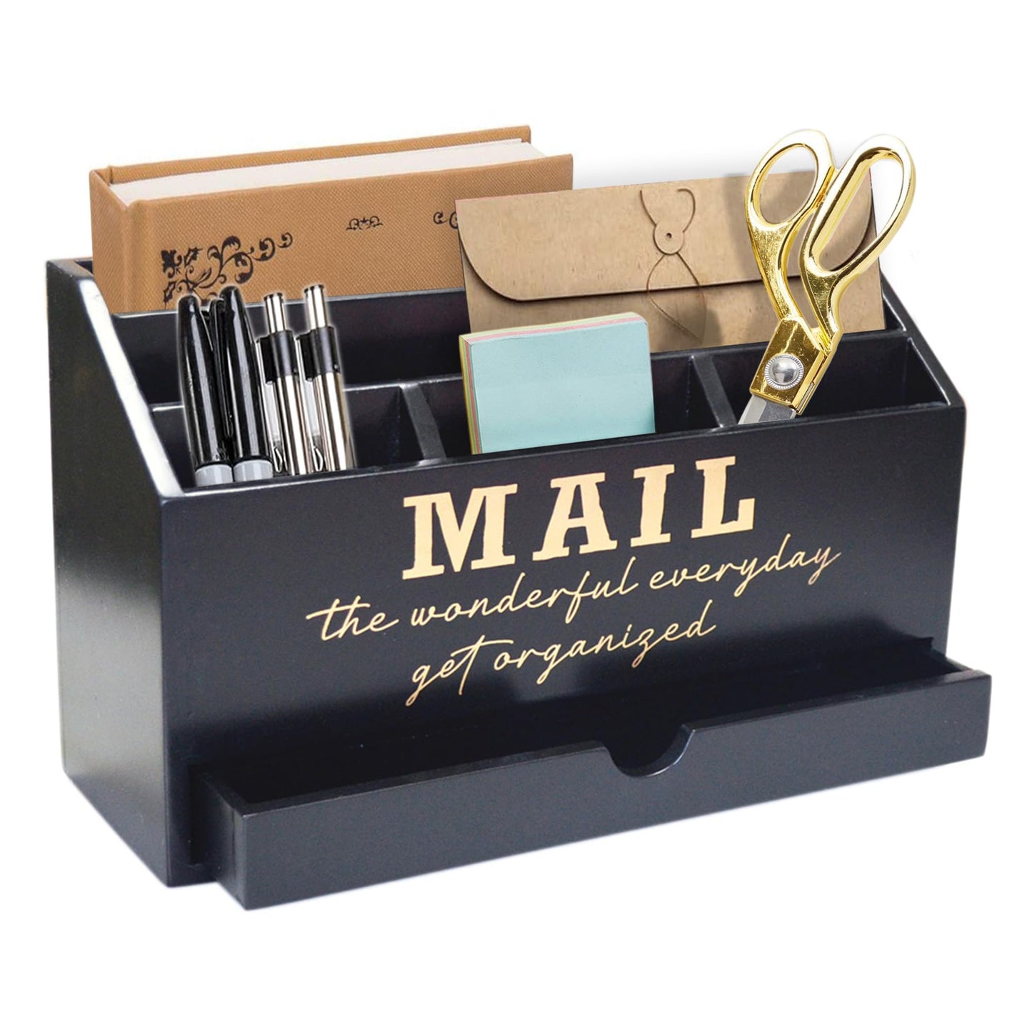 EXQUIDECA Wooden Black Rustic Countertop Mail Storage Holder with Drawer and Compartments - Office Desk Accessories and Workspace Organizers - Desktop Sorter for Pen Stationery Letter Files Documents