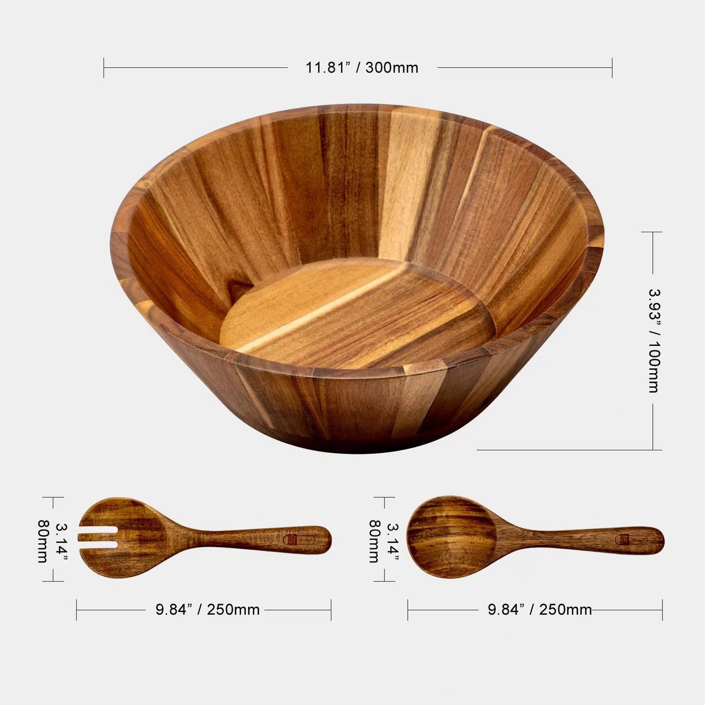 JF JAMES.F Wooden Salad Bowl, 12'' Acacia Wood Large Salad Bowl Set Big Salad Serving Bowl with Serving Utensils