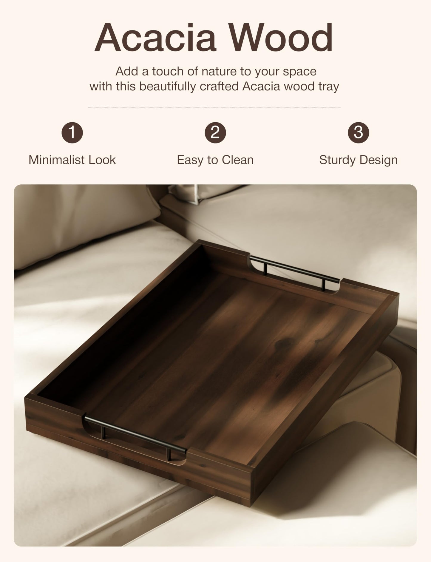 TIDITA 20 x 14 Inch Large Wooden Tray for Ottoman – Large Ottoman Tray for Living Room, Decorative Serving Tray with Handles, for Coffee Table, Kitchen Counter & Home Decor