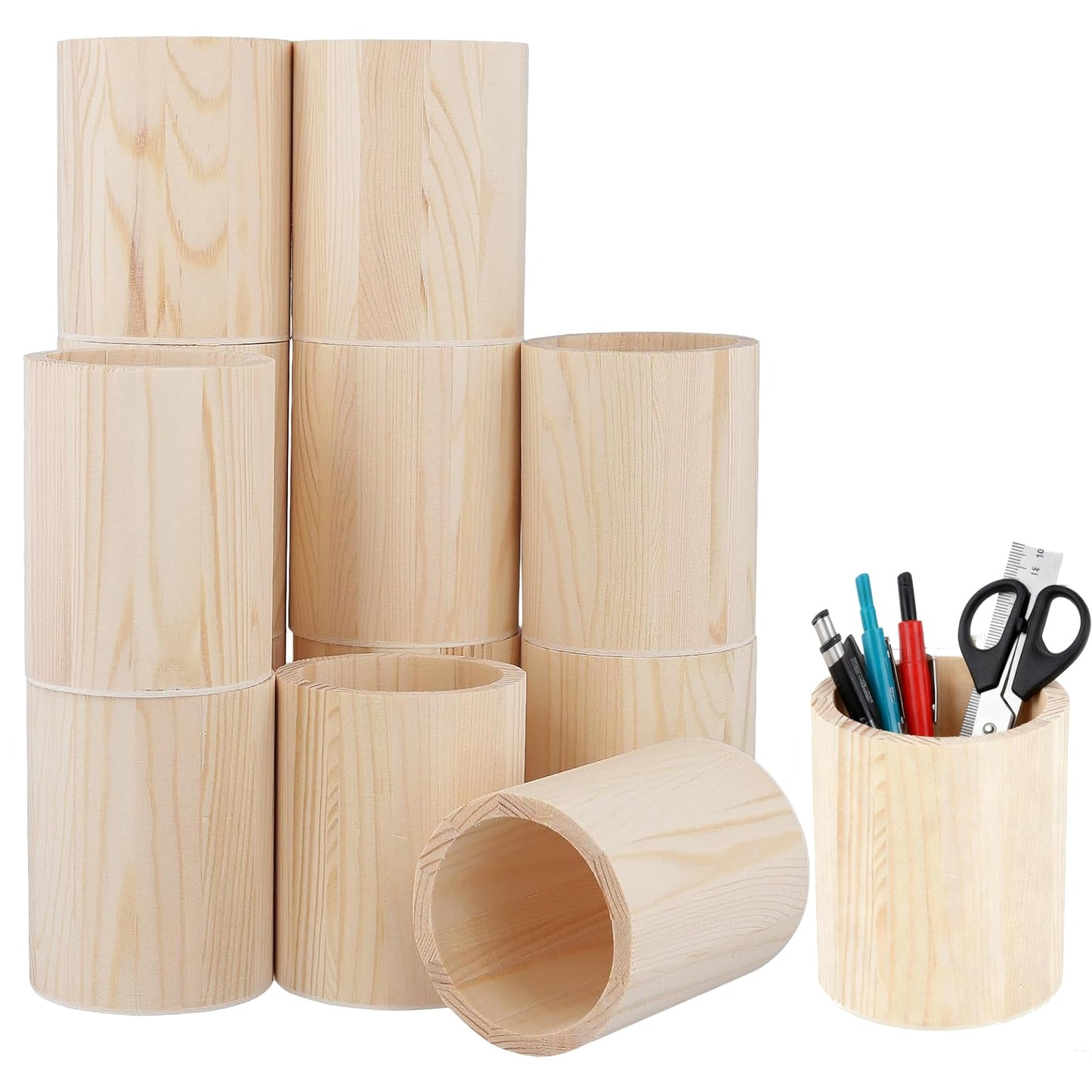 GINLANK 12 Pack 4 Inch Round Wooden Pencil Holders, Unfinished Wood Desk Organizer for DIY Crafts (3x3x4 Inches)